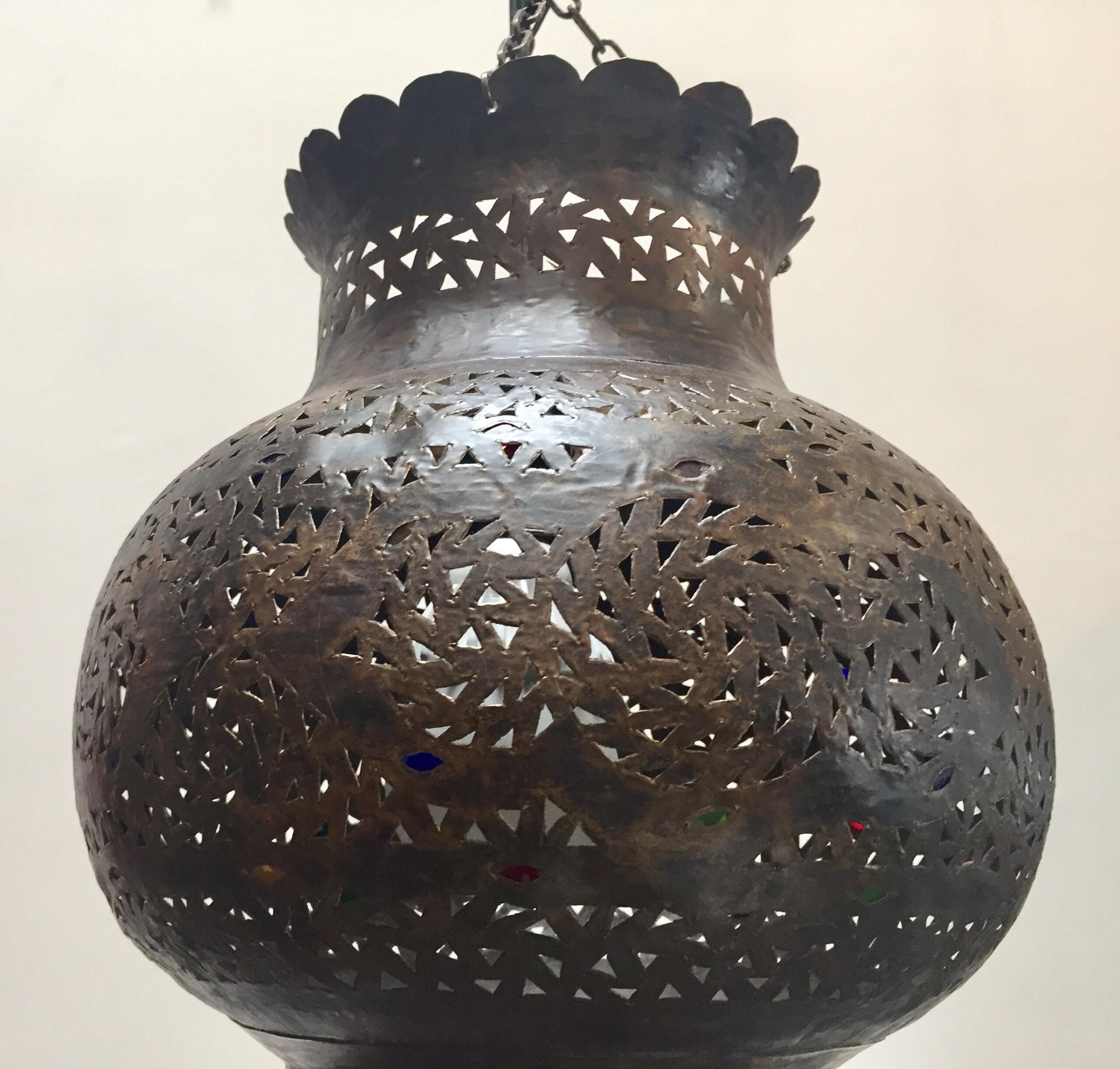 Moroccan Handcrafted Moorish Bronze Pendant Lantern with Multi-Color Glass 5
