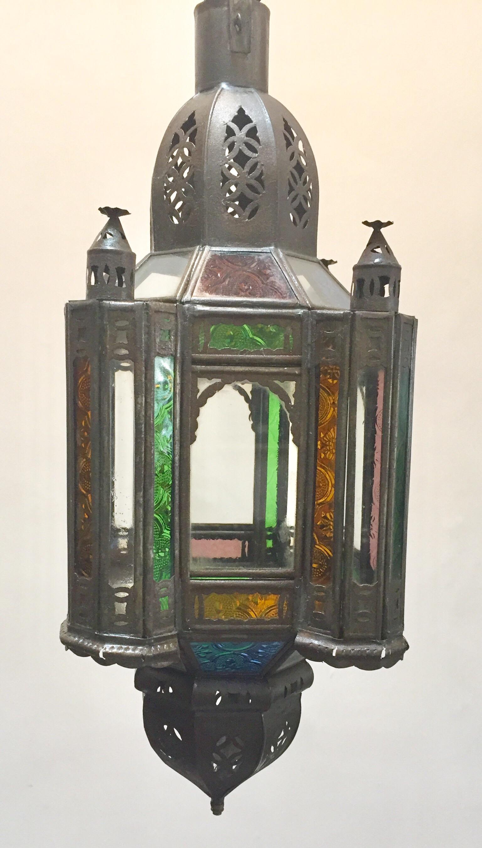 Moroccan Handcrafted Moorish Pendant Lantern with Multi-Color Glass For Sale 6