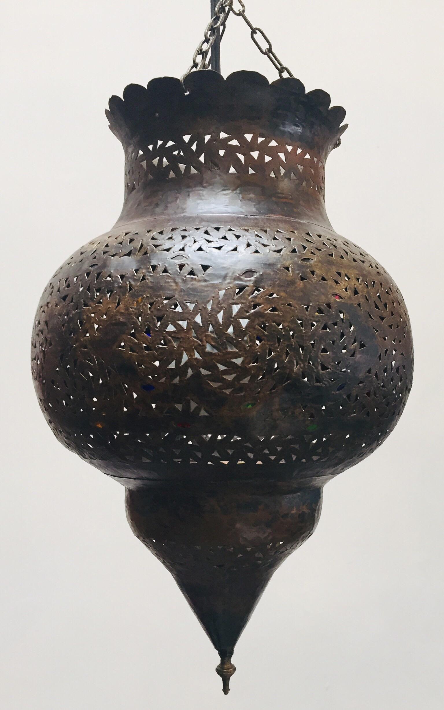Moroccan Handcrafted Moorish Bronze Pendant Lantern with Multi-Color Glass 4
