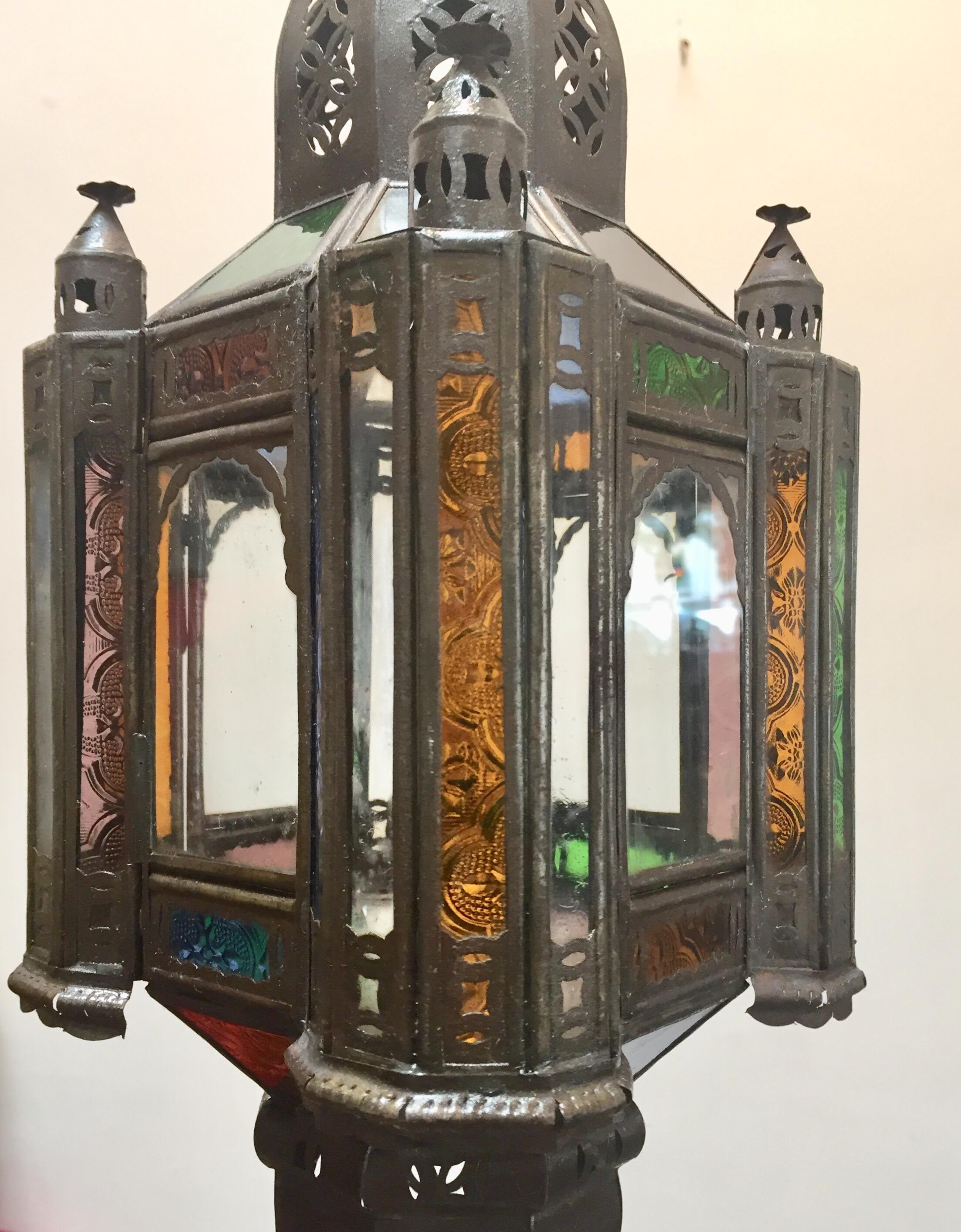 Moroccan Handcrafted Moorish Pendant Lantern with Multi-Color Glass For Sale 7