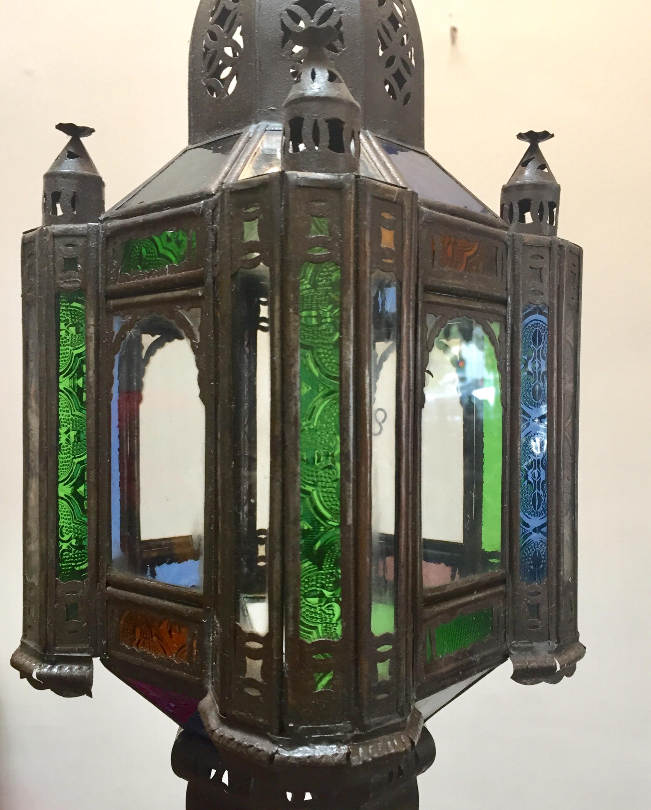 Moroccan Handcrafted Moorish Pendant Lantern with Multi-Color Glass For Sale 8