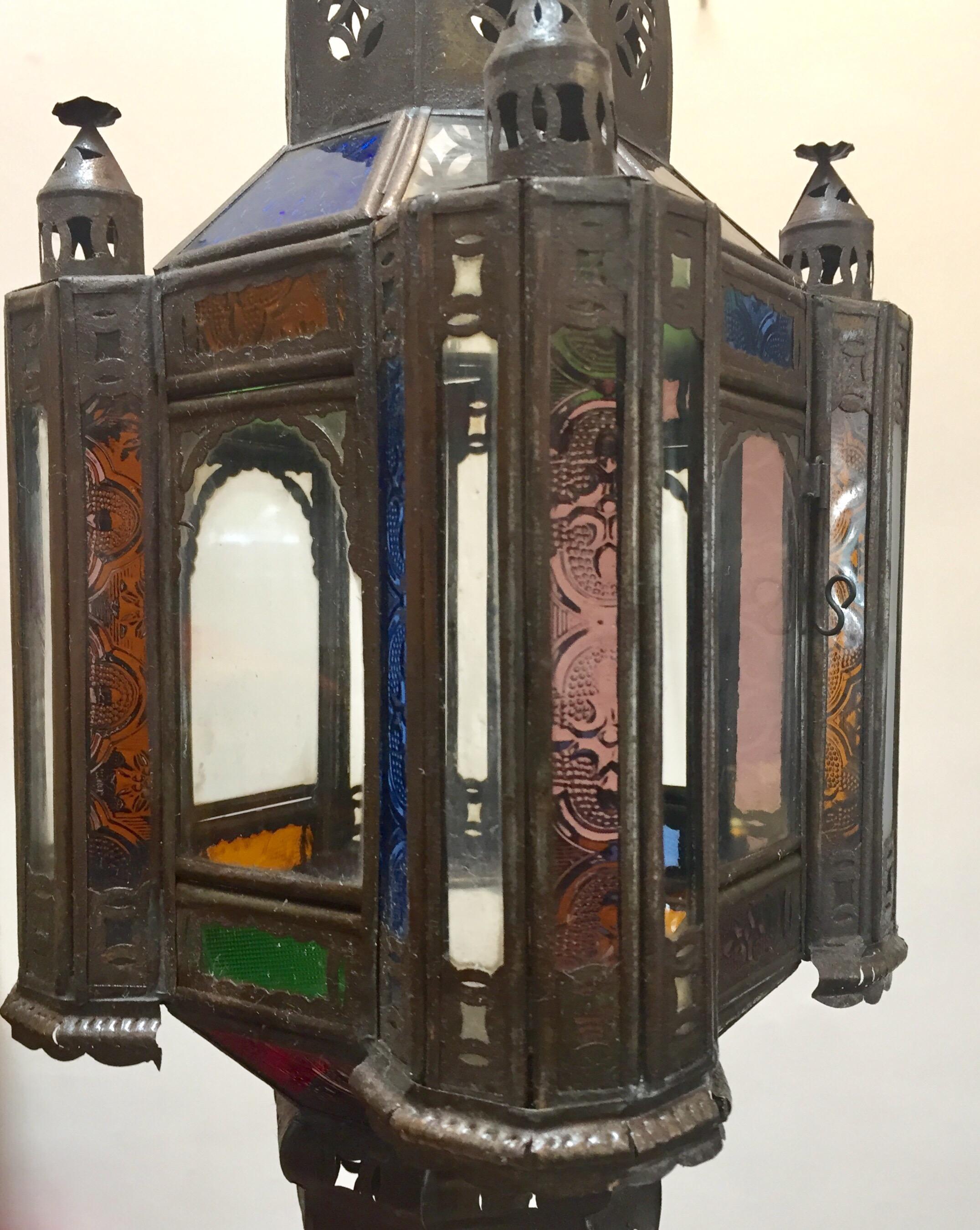 Moroccan Handcrafted Moorish Pendant Lantern with Multi-Color Glass For Sale 9