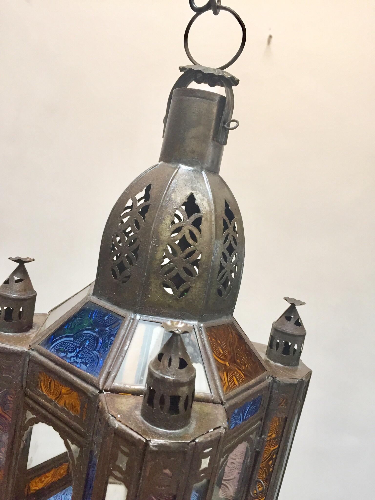 Moroccan Handcrafted Moorish Pendant Lantern with Multi-Color Glass For Sale 11