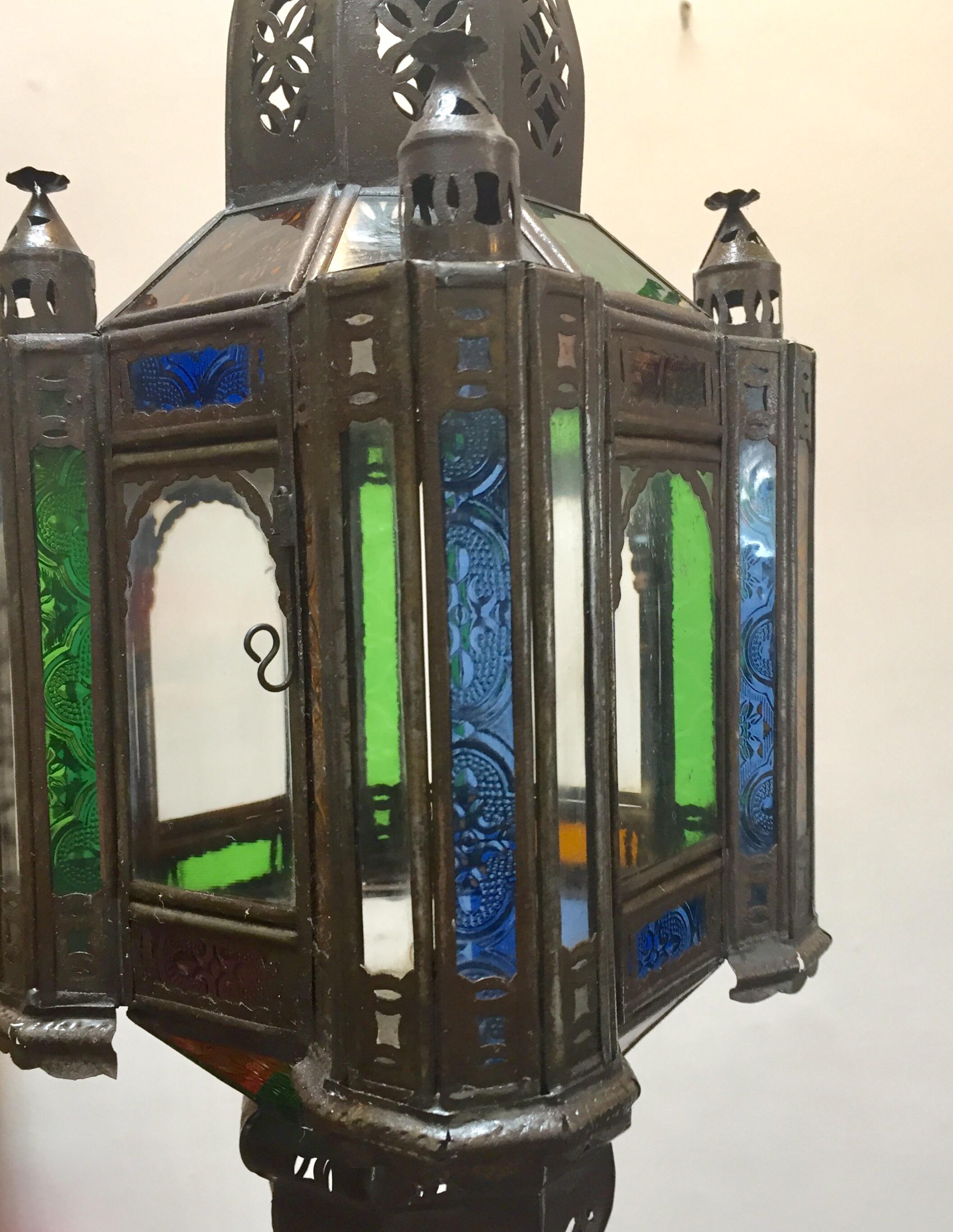 Moroccan Handcrafted Moorish Pendant Lantern with Multi-Color Glass For Sale 12