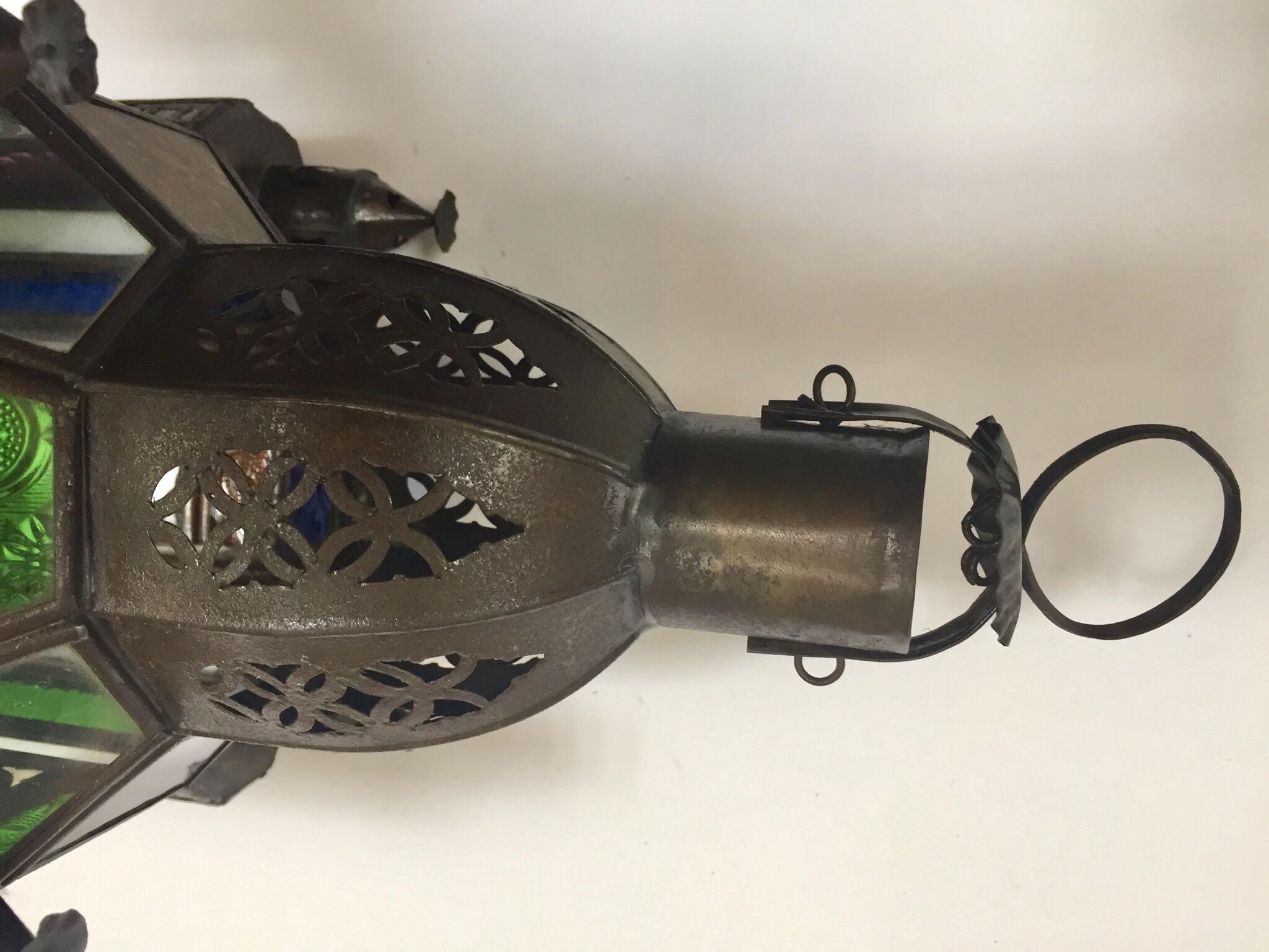 Moroccan Handcrafted Moorish Pendant Lantern with Multi-Color Glass For Sale 13