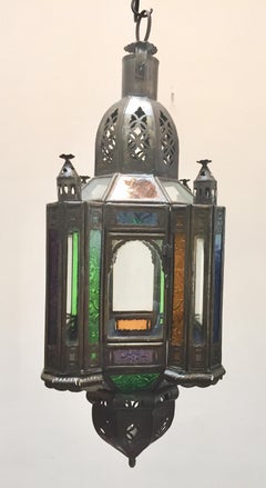 Moroccan Handcrafted Moorish Pendant Lantern with Multi-Color Glass