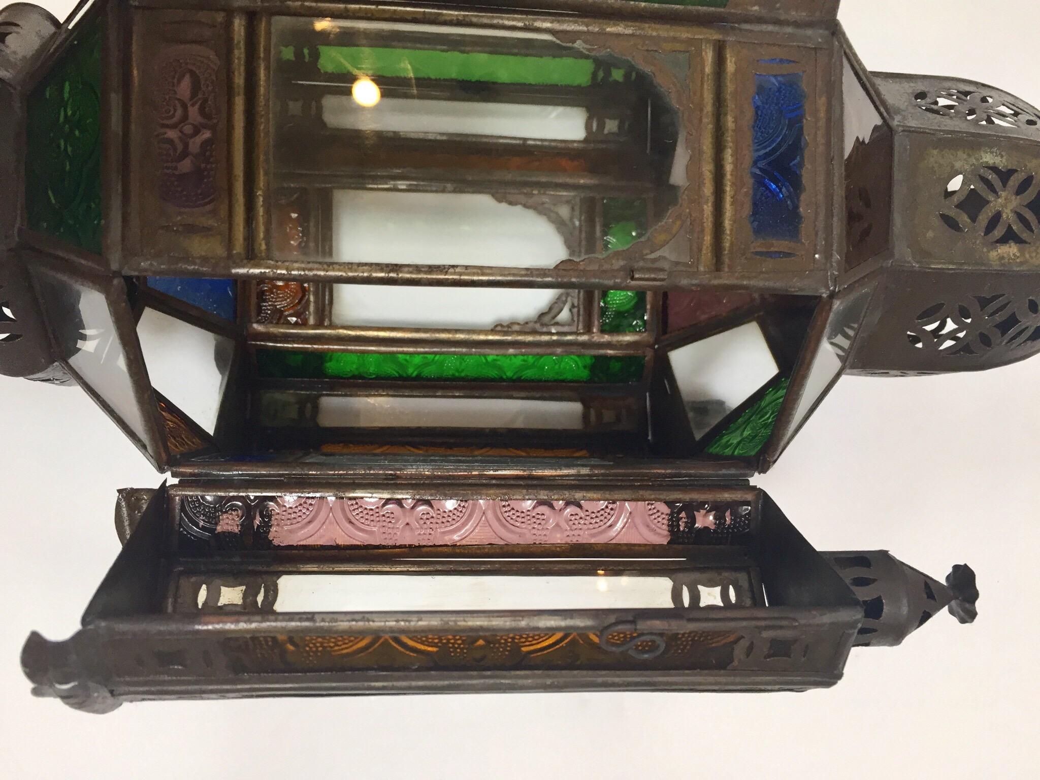 Moroccan Handcrafted Moorish Pendant Lantern with Multi-Color Glass For Sale 14