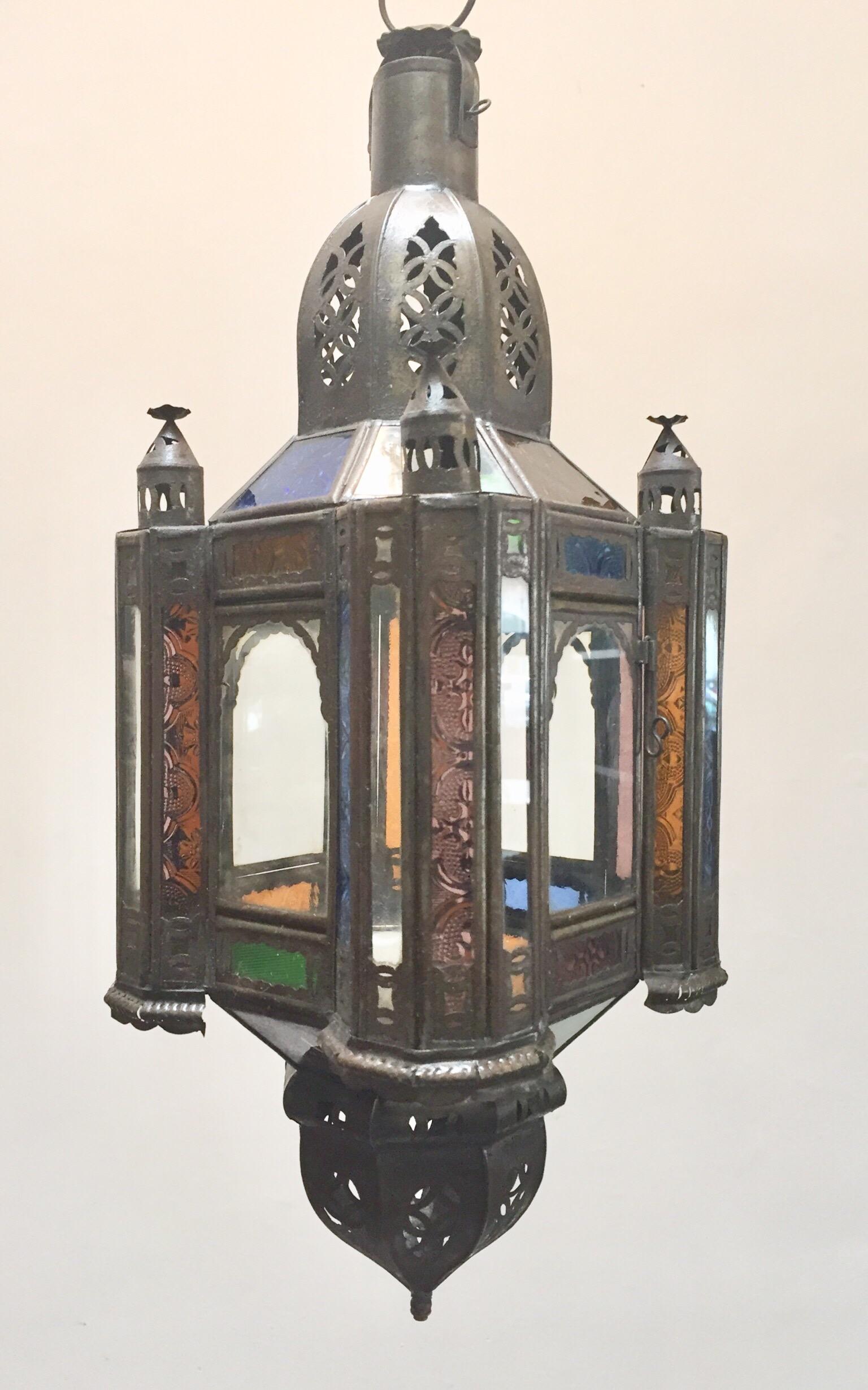 Hand-Crafted Moroccan Handcrafted Moorish Pendant Lantern with Multi-Color Glass For Sale