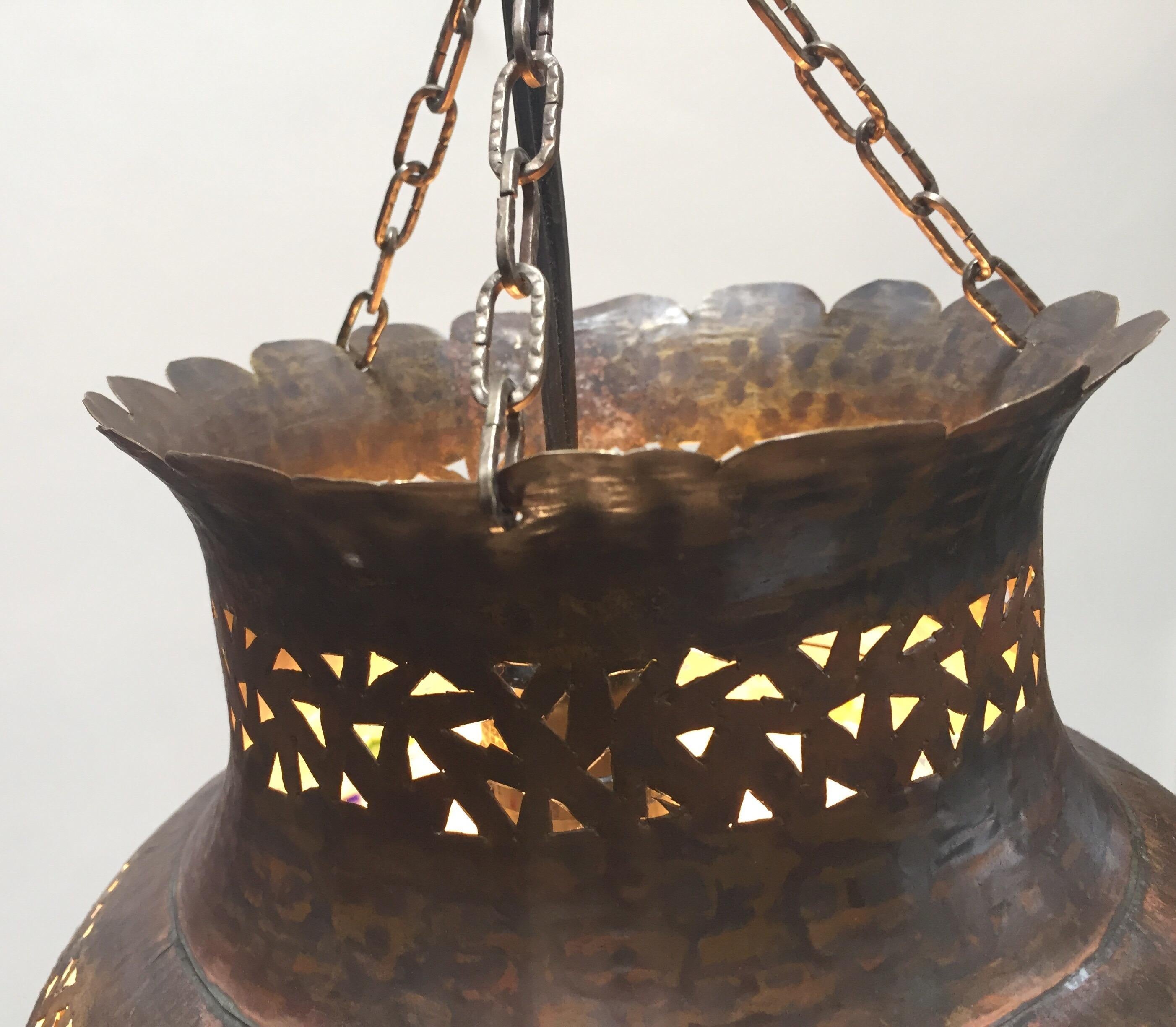 Hand-Crafted Moroccan Handcrafted Moorish Bronze Pendant Lantern with Multi-Color Glass