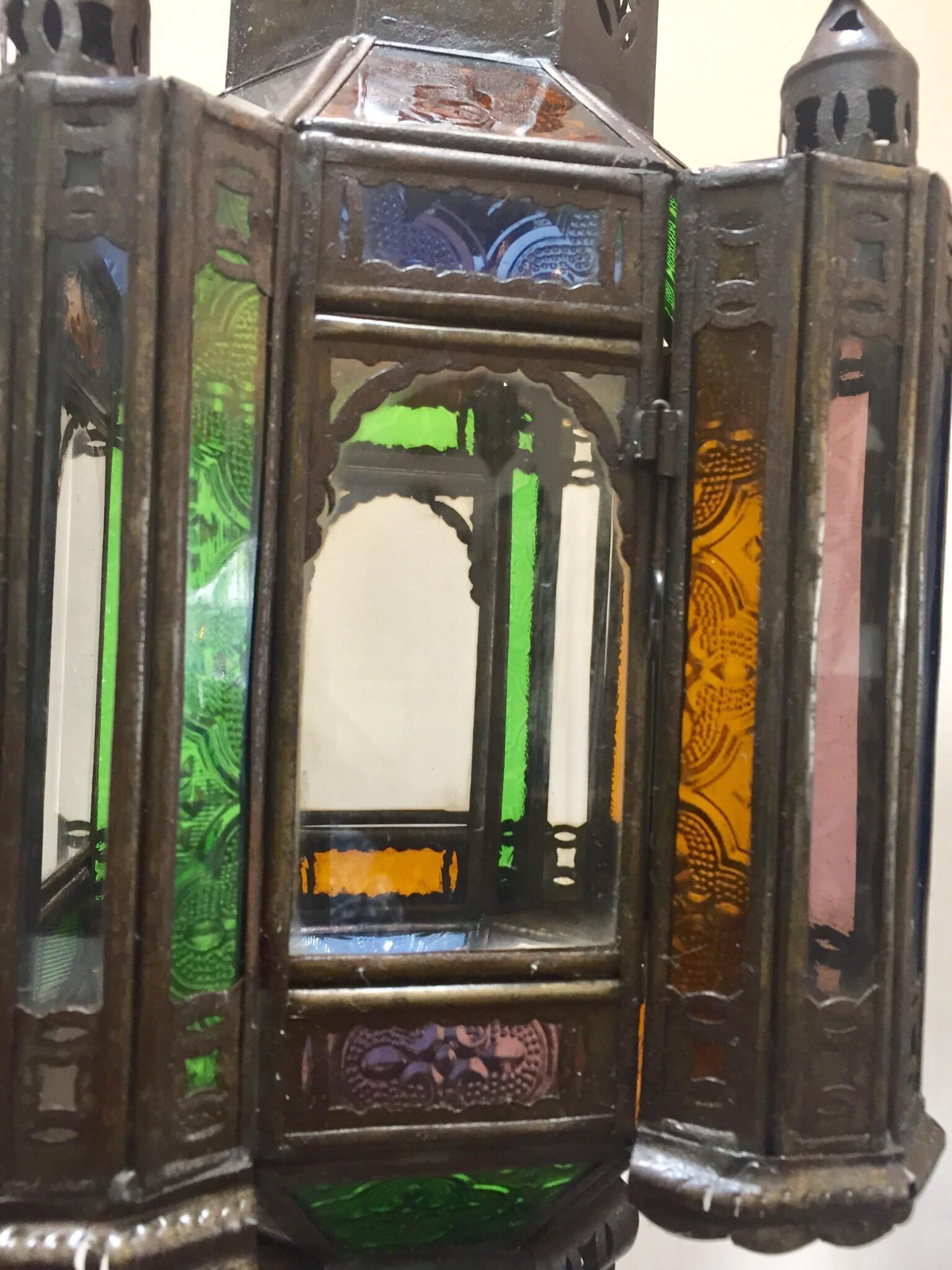 Moroccan Handcrafted Moorish Pendant Lantern with Multi-Color Glass In Good Condition For Sale In North Hollywood, CA