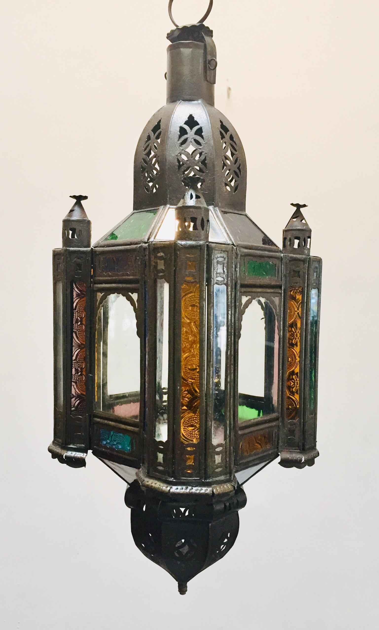 20th Century Moroccan Handcrafted Moorish Pendant Lantern with Multi-Color Glass For Sale