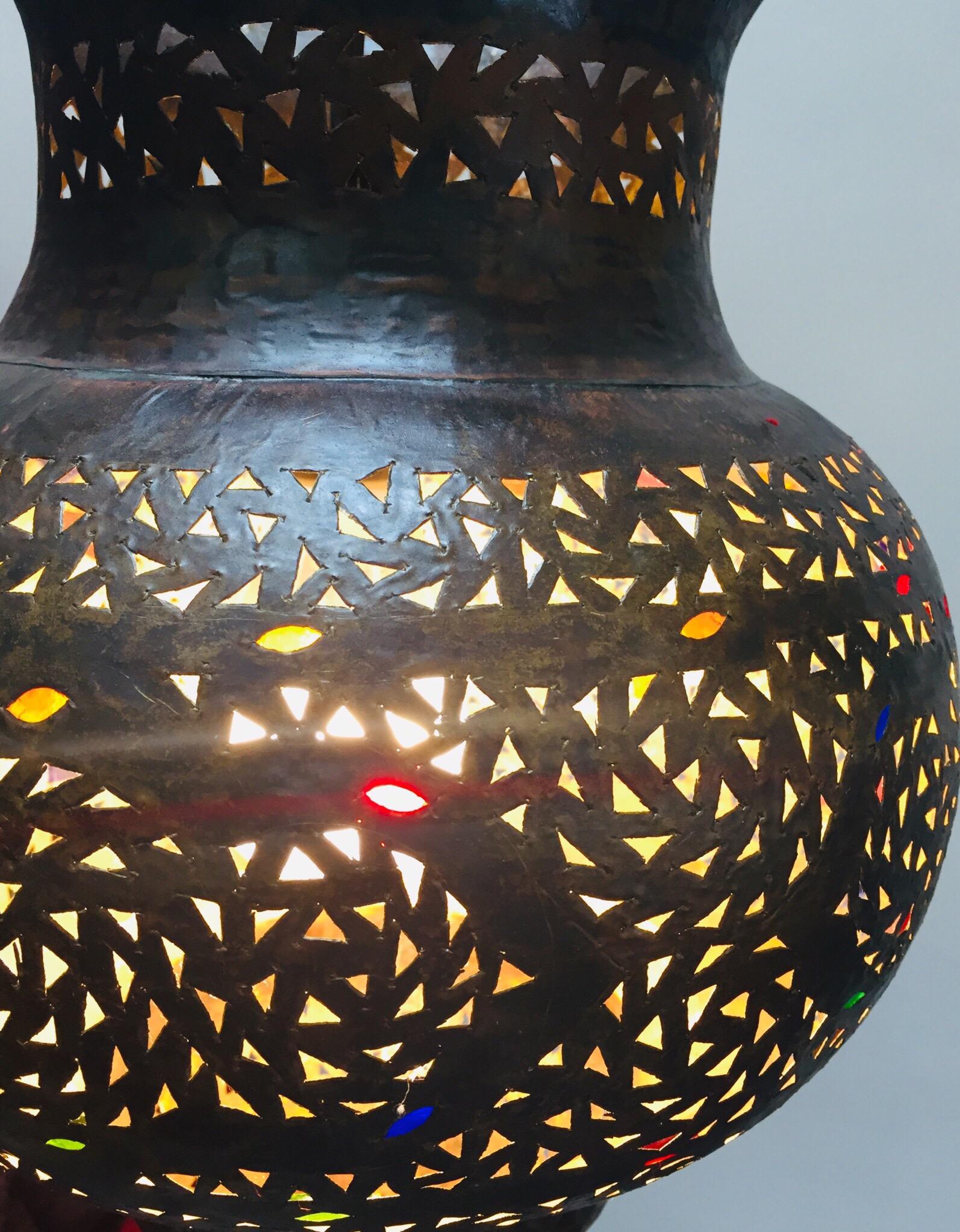 20th Century Moroccan Handcrafted Moorish Bronze Pendant Lantern with Multi-Color Glass