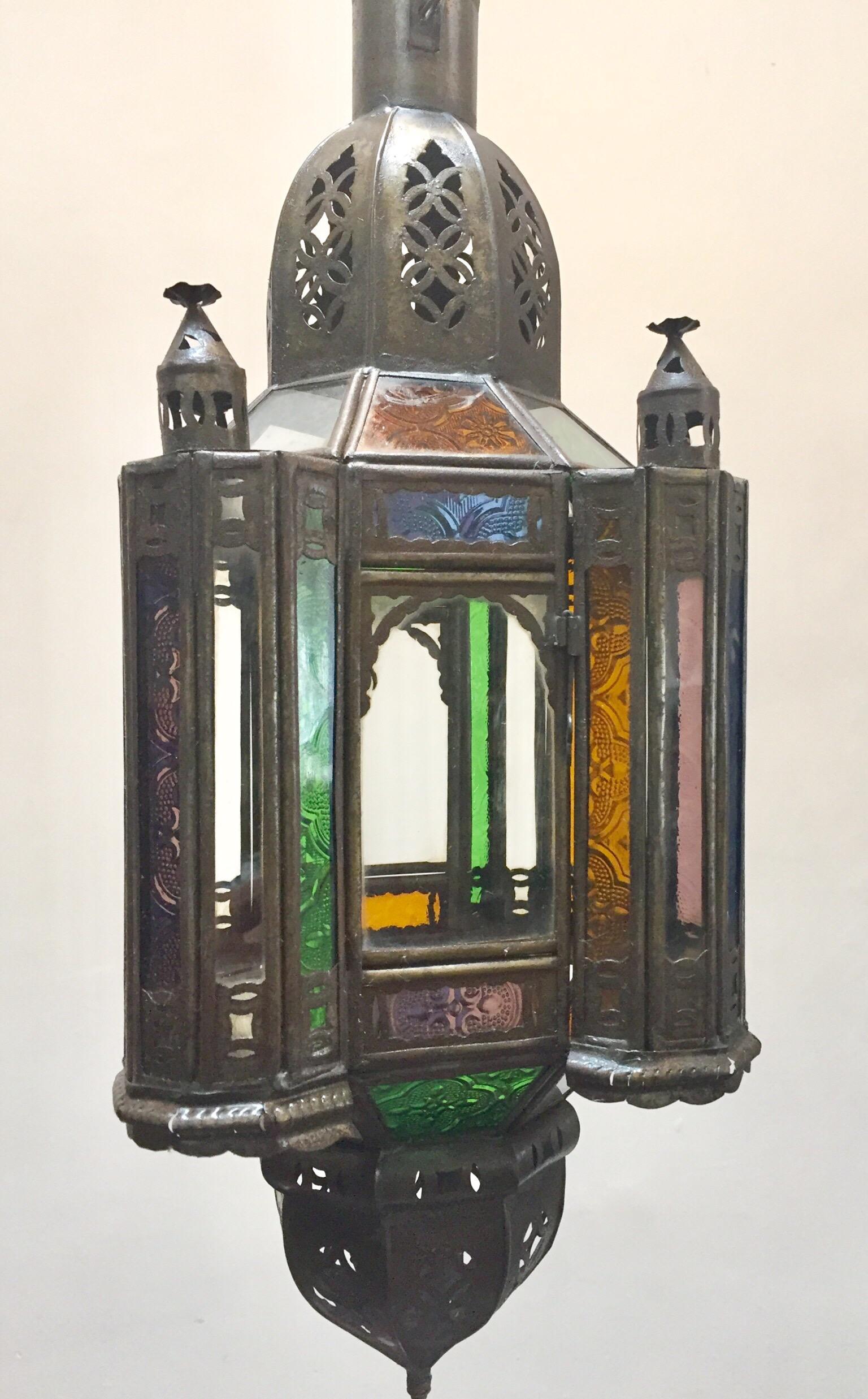 Metal Moroccan Handcrafted Moorish Pendant Lantern with Multi-Color Glass For Sale