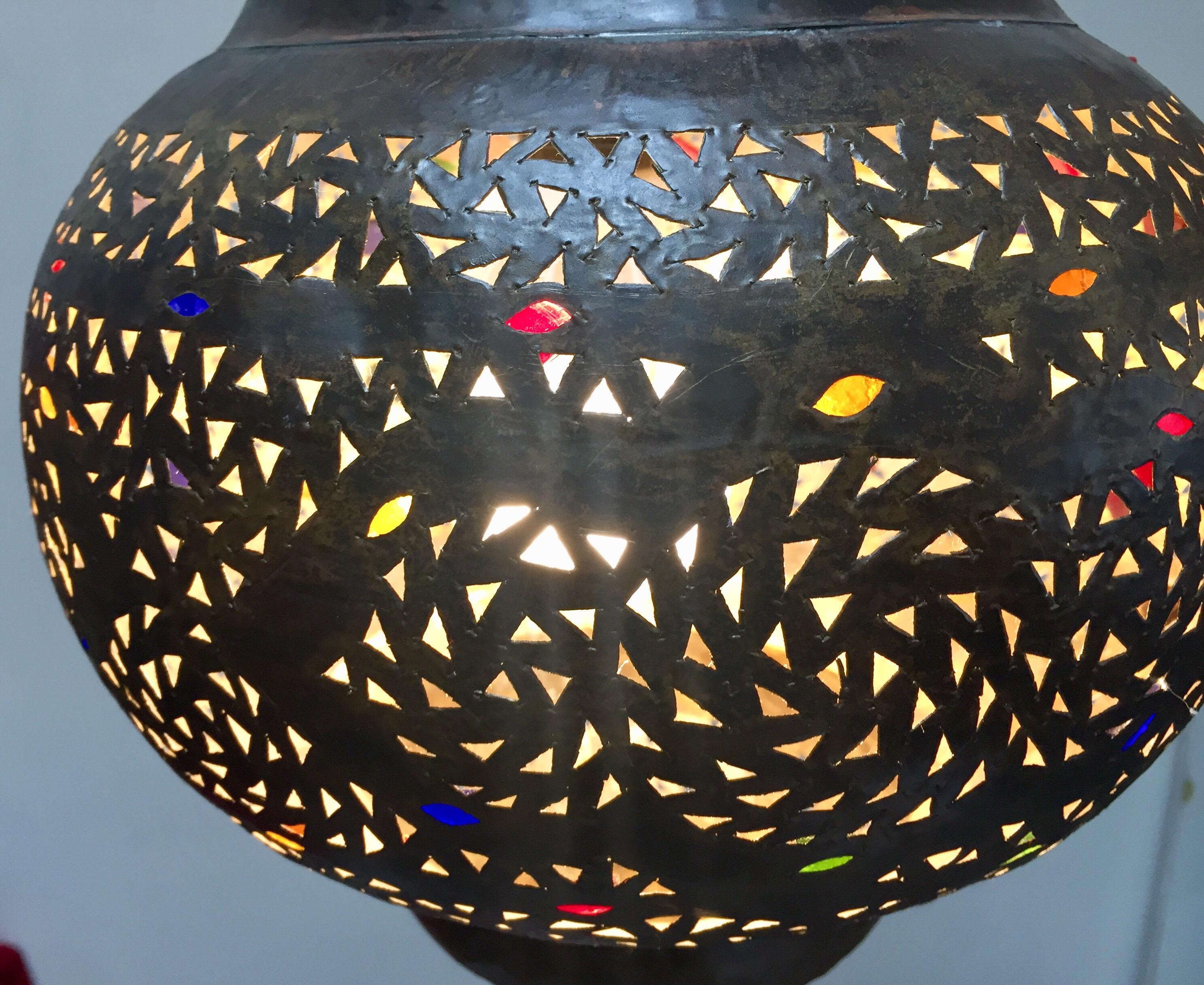 Metal Moroccan Handcrafted Moorish Bronze Pendant Lantern with Multi-Color Glass