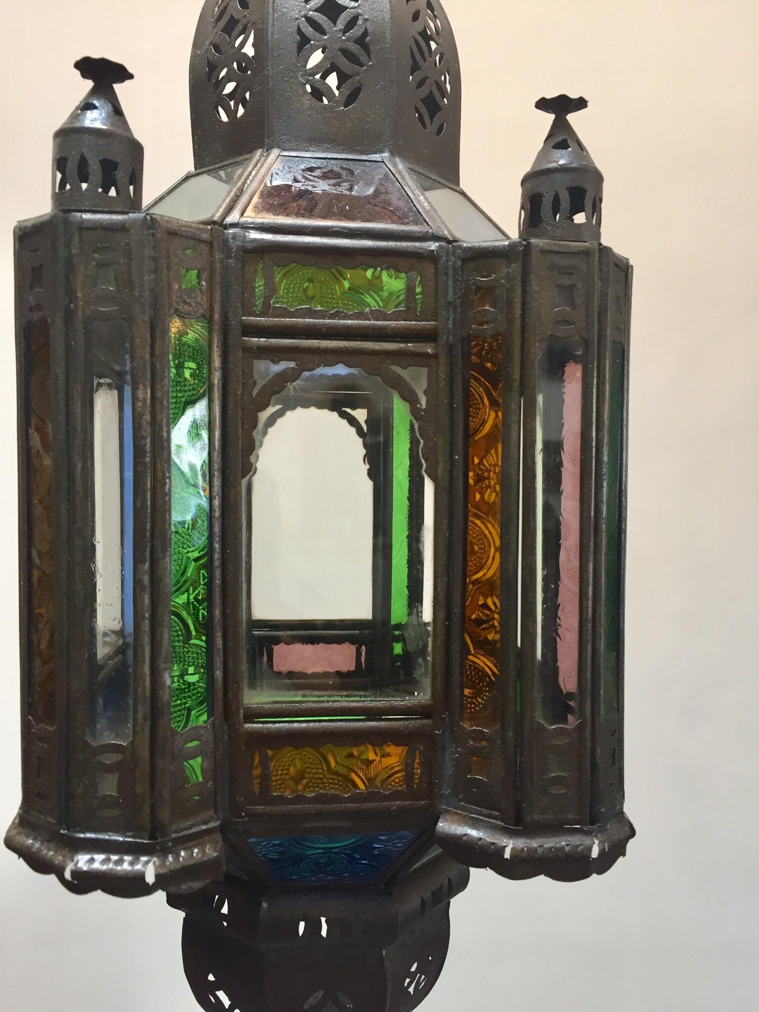 Moroccan Handcrafted Moorish Pendant Lantern with Multi-Color Glass For Sale 1