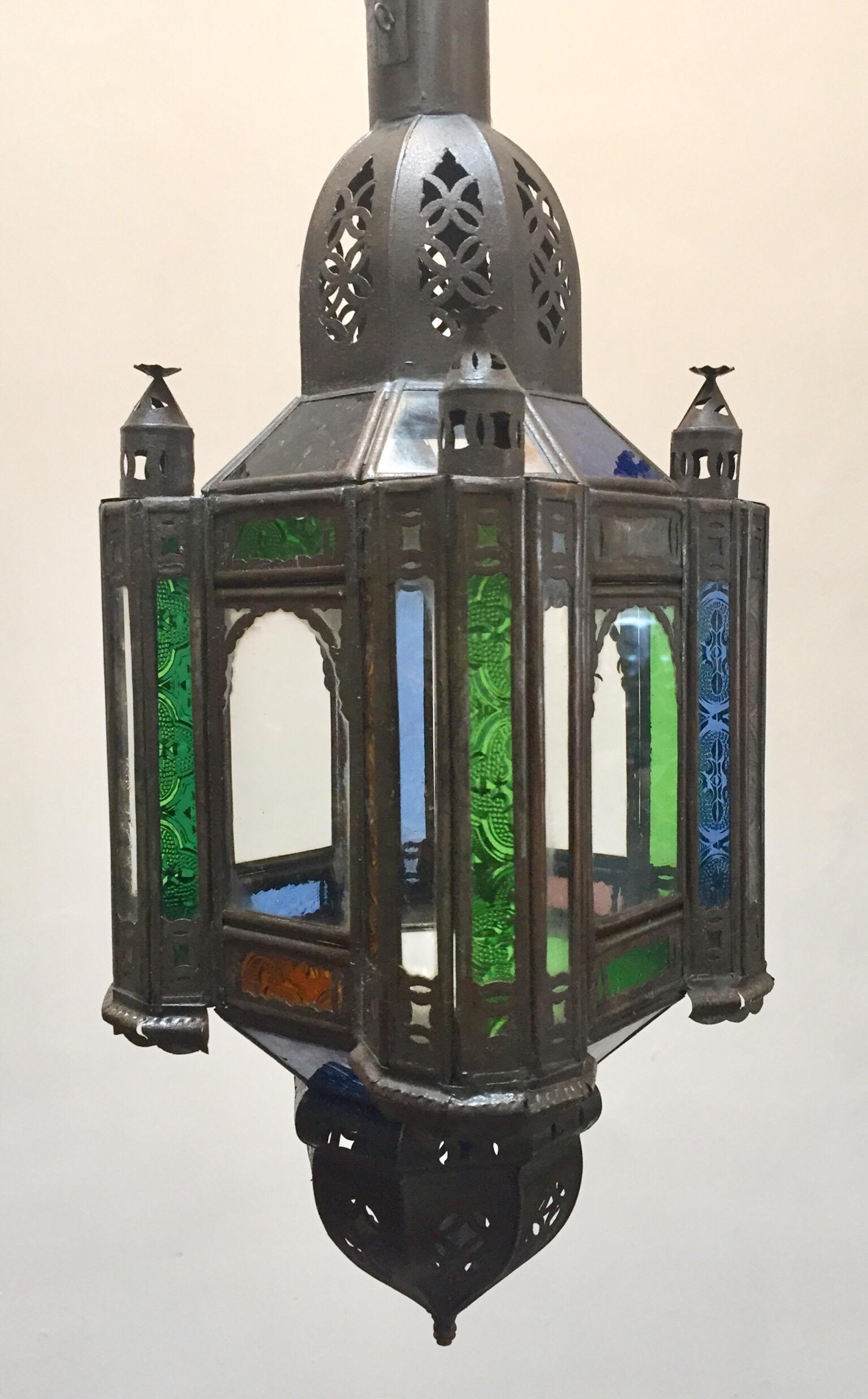 Moroccan Handcrafted Moorish Pendant Lantern with Multi-Color Glass For Sale 2