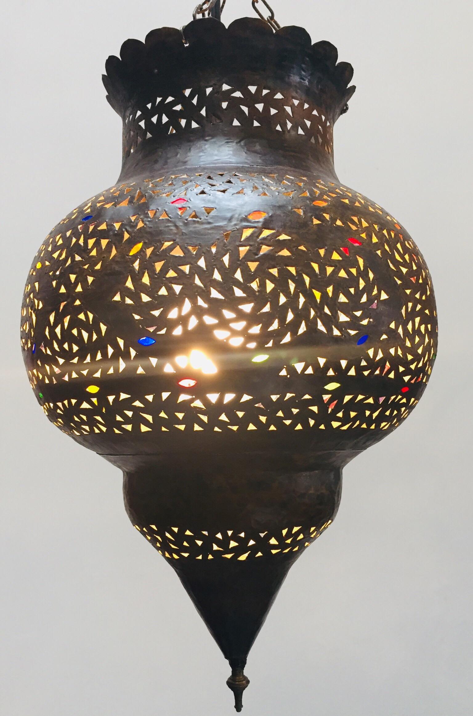 Moroccan Handcrafted Moorish Bronze Pendant Lantern with Multi-Color Glass 2