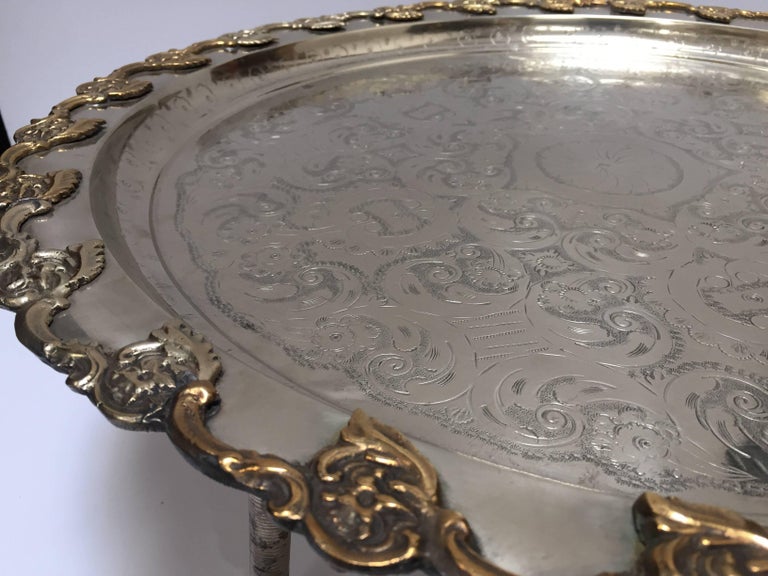 Silver Plate Moroccan Handcrafted Silver Round Tray For Sale