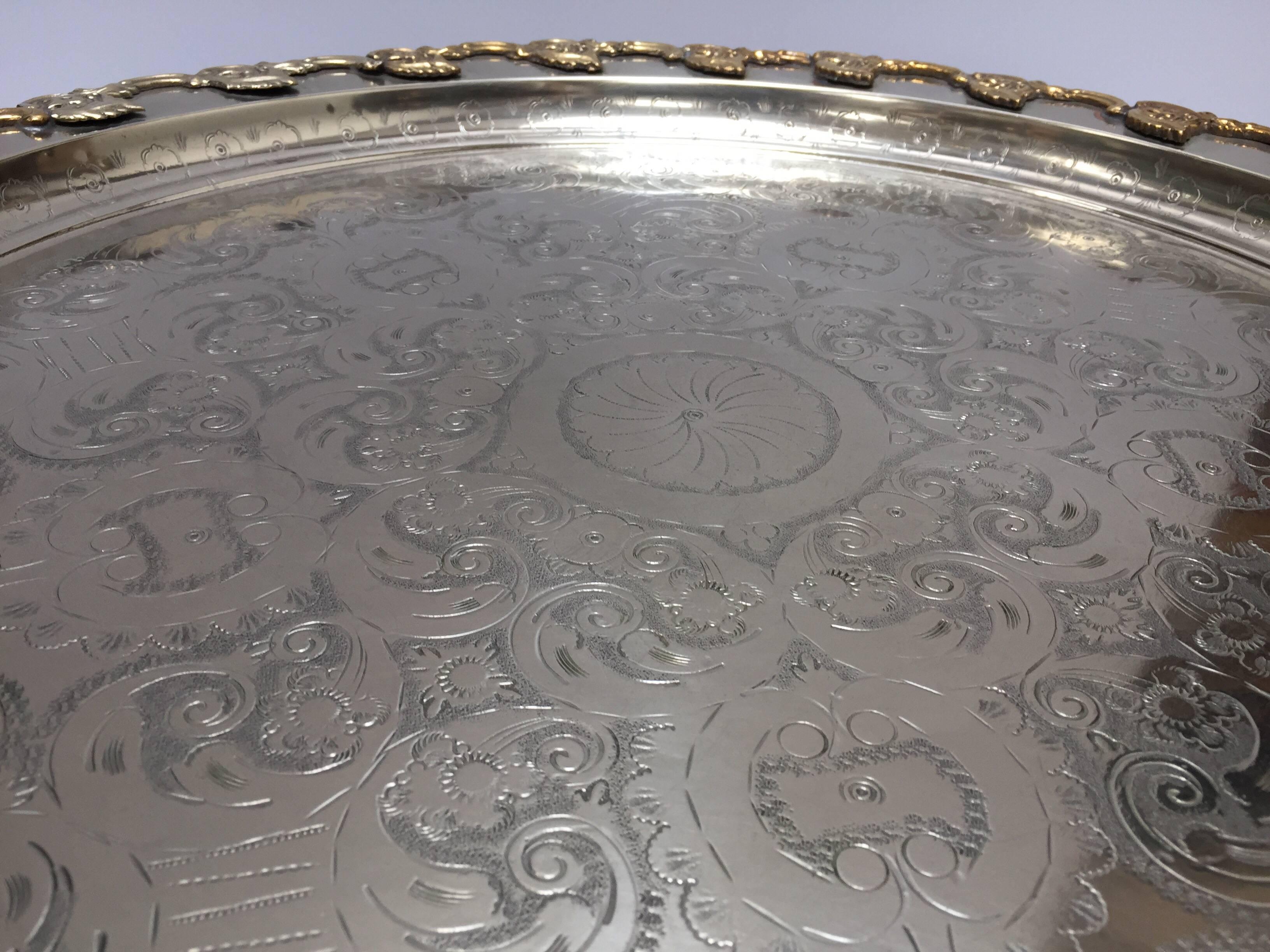 Mid-20th Century Moroccan Handcrafted Silver Round Tray For Sale
