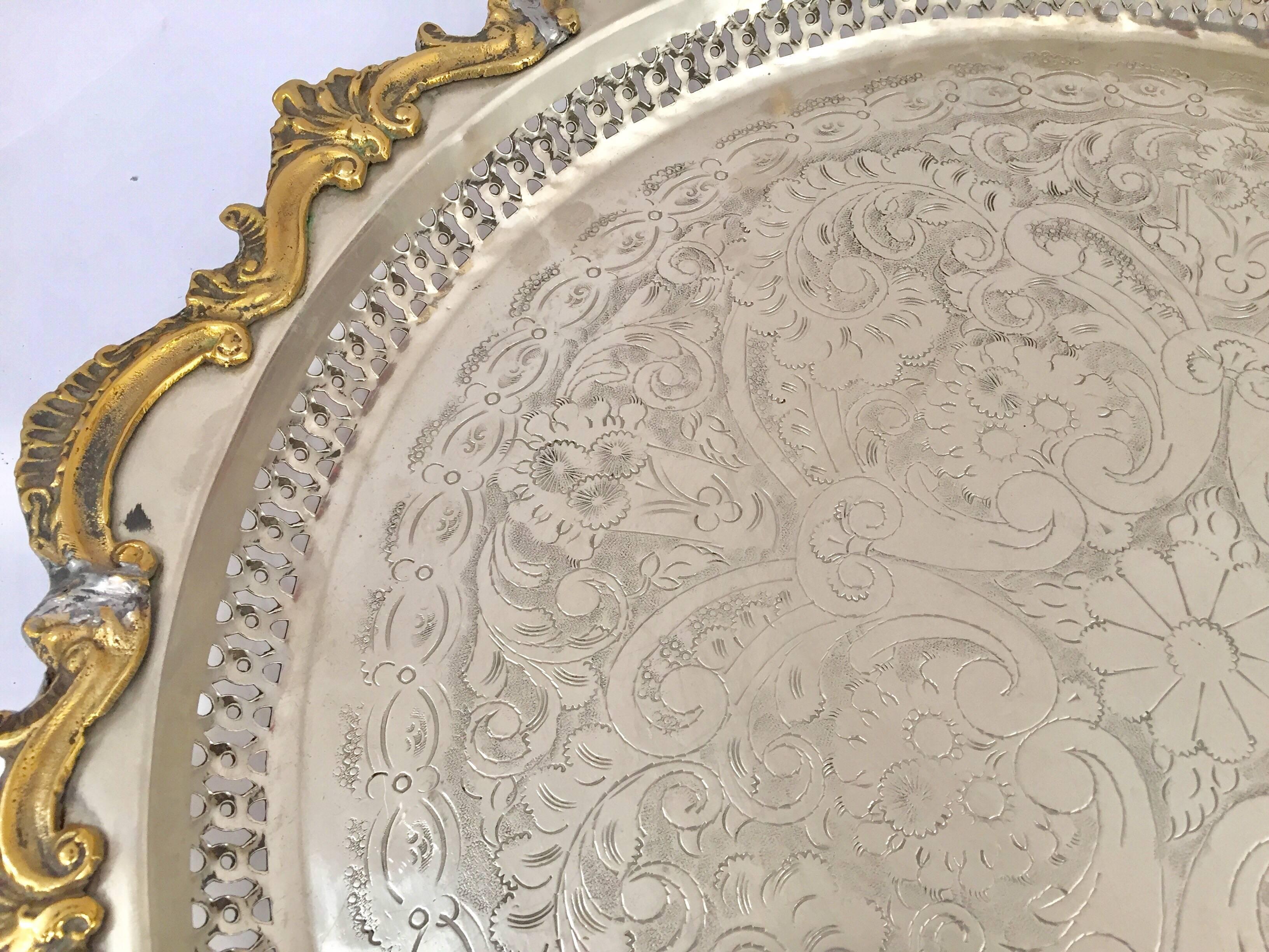 Moroccan Handcrafted Silver Round Tray with Brass Overlay Moorish Designs 8