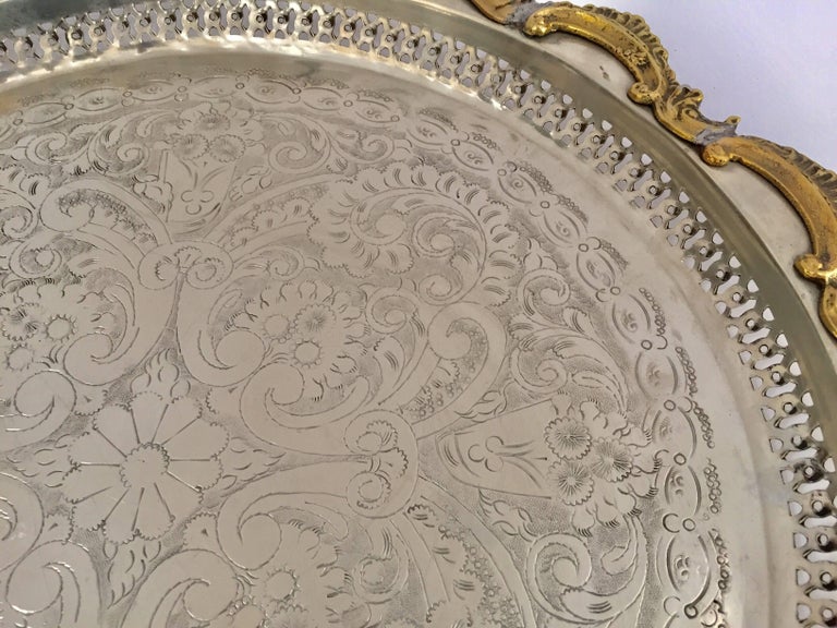 Moroccan Handcrafted Silver Round Tray with Brass Overlay Moorish Designs For Sale 9