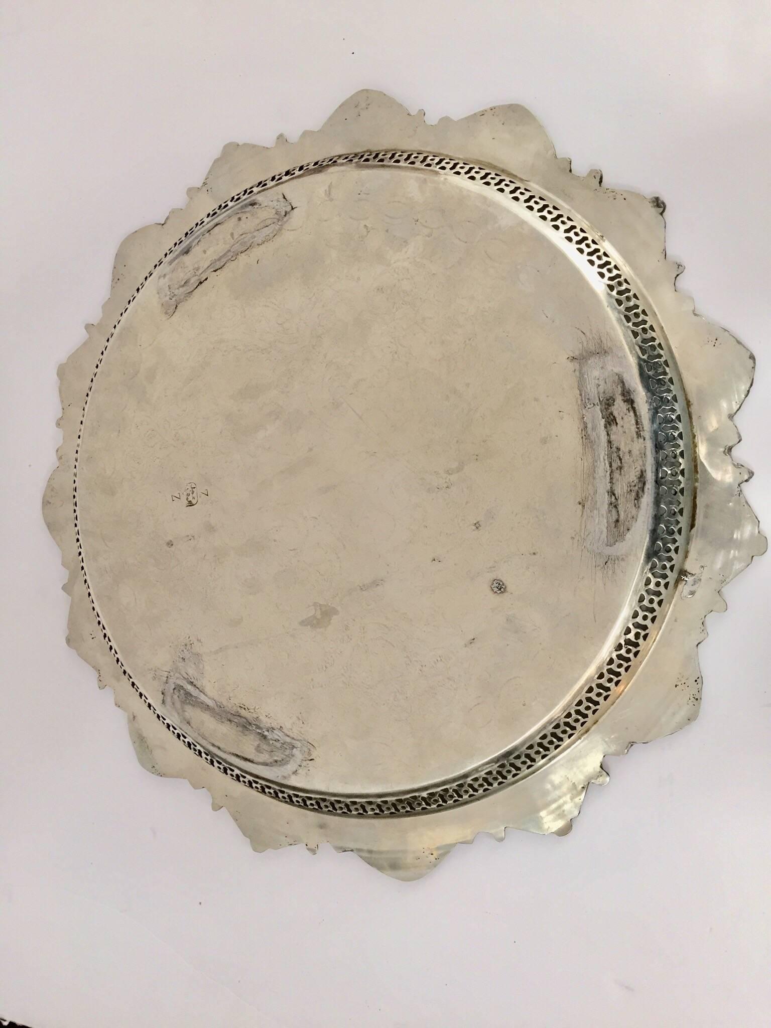 Moroccan Handcrafted Silver Round Tray with Brass Overlay Moorish Designs 11
