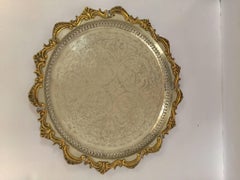 Moroccan Handcrafted Silver Round Tray with Brass Overlay Moorish Designs