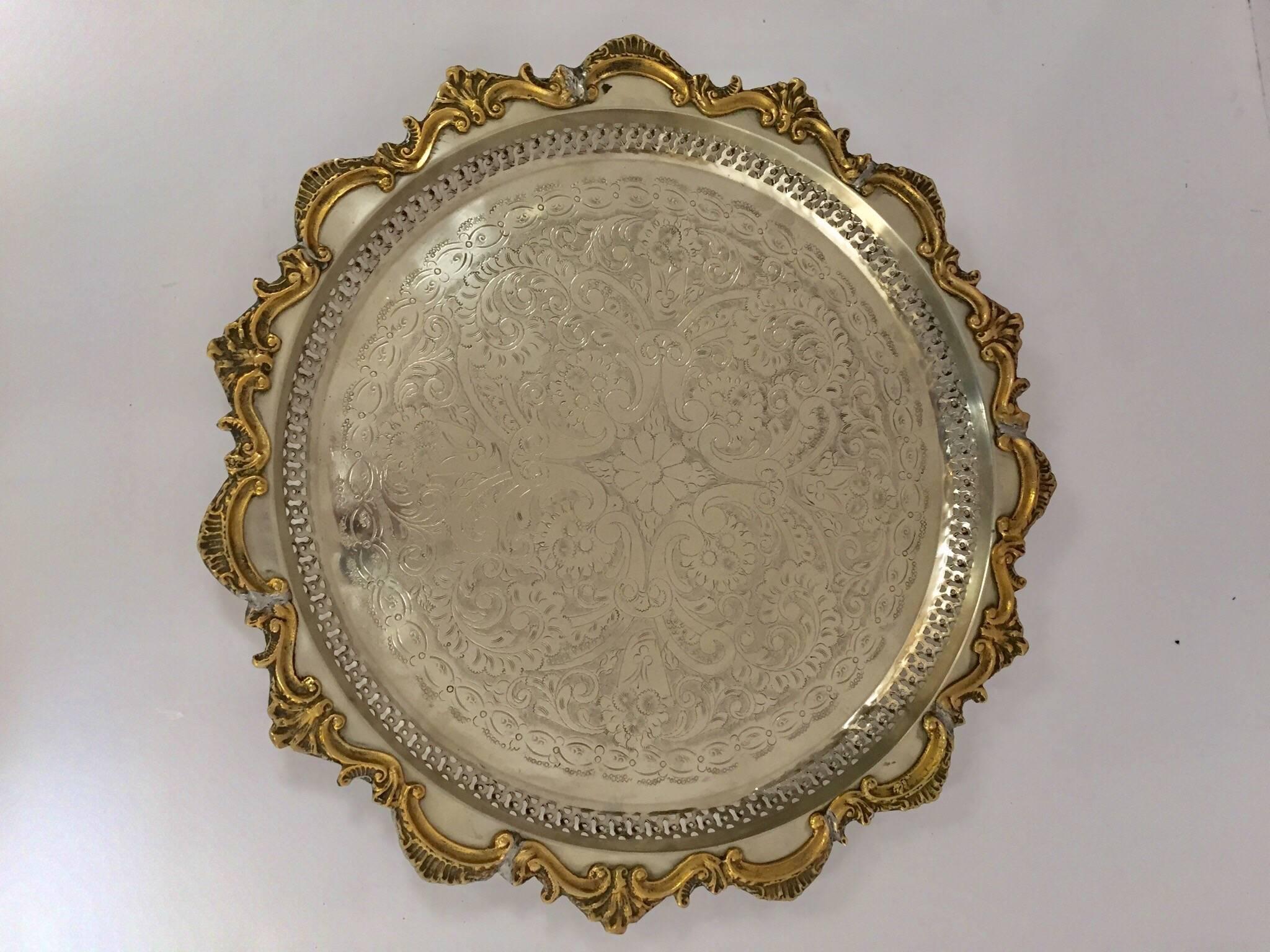 Hammered Moroccan Handcrafted Silver Round Tray with Brass Overlay Moorish Designs