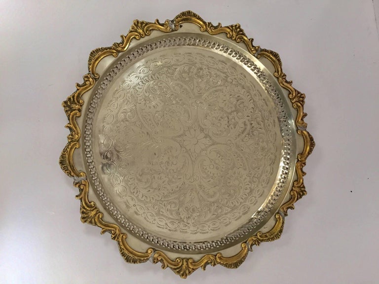 Hammered Moroccan Handcrafted Silver Round Tray with Brass Overlay Moorish Designs For Sale