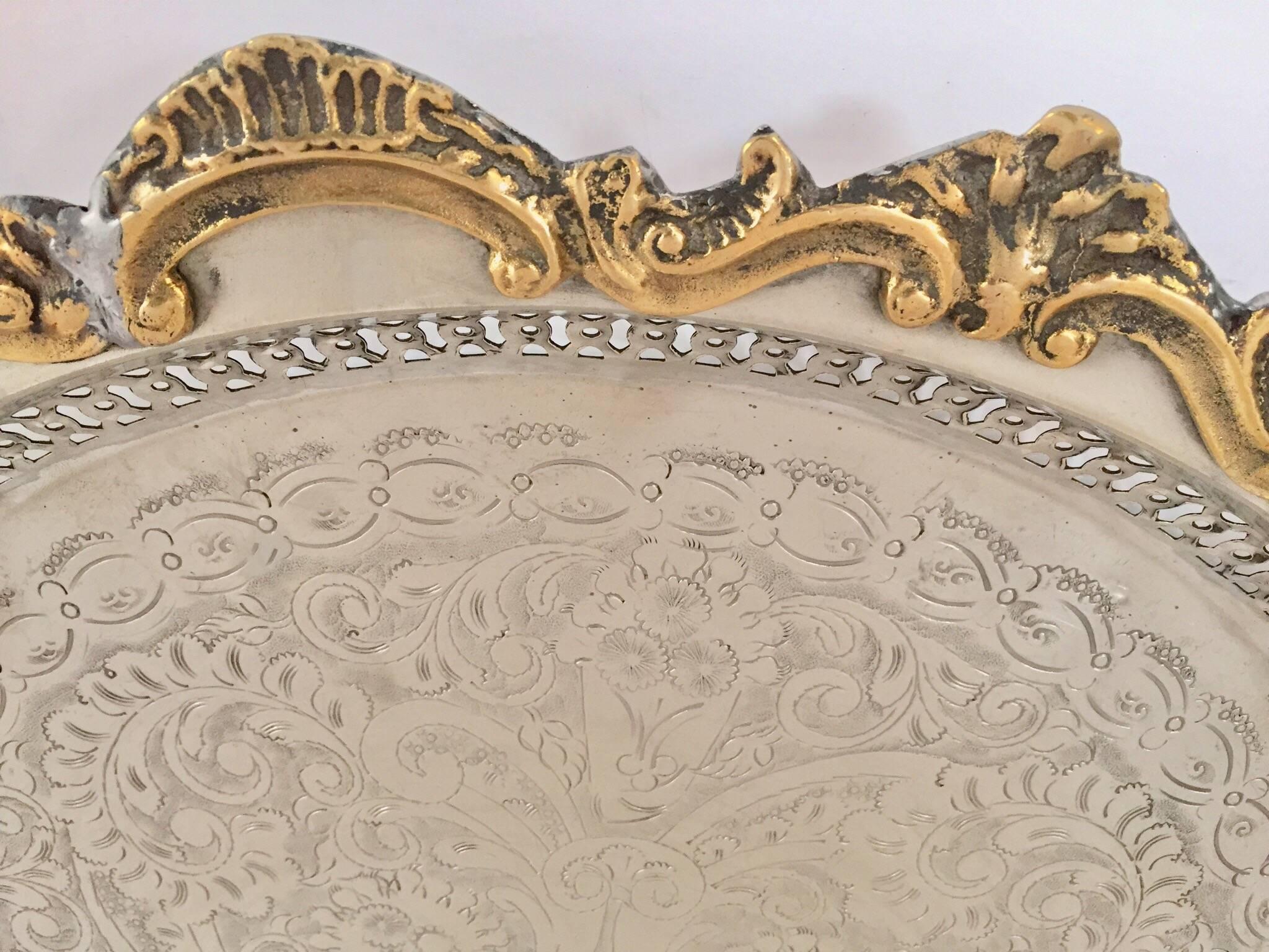 Moroccan Handcrafted Silver Round Tray with Brass Overlay Moorish Designs In Good Condition In North Hollywood, CA