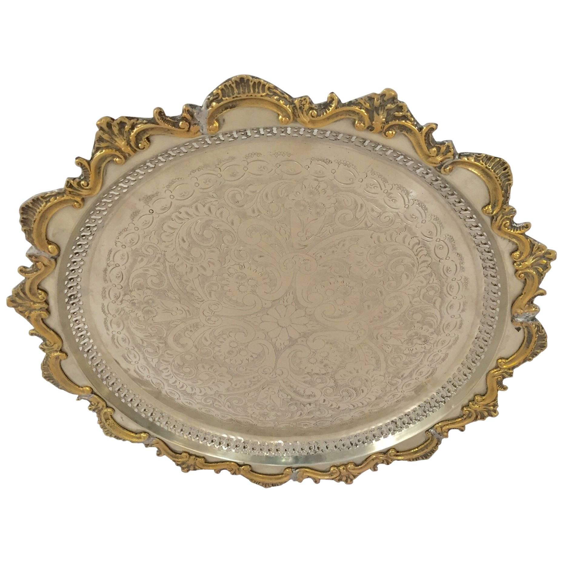 Moroccan Handcrafted Silver Round Tray with Brass Overlay Moorish Designs