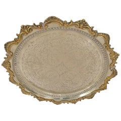 Moroccan Handcrafted Silver Round Tray with Brass Overlay Moorish Designs