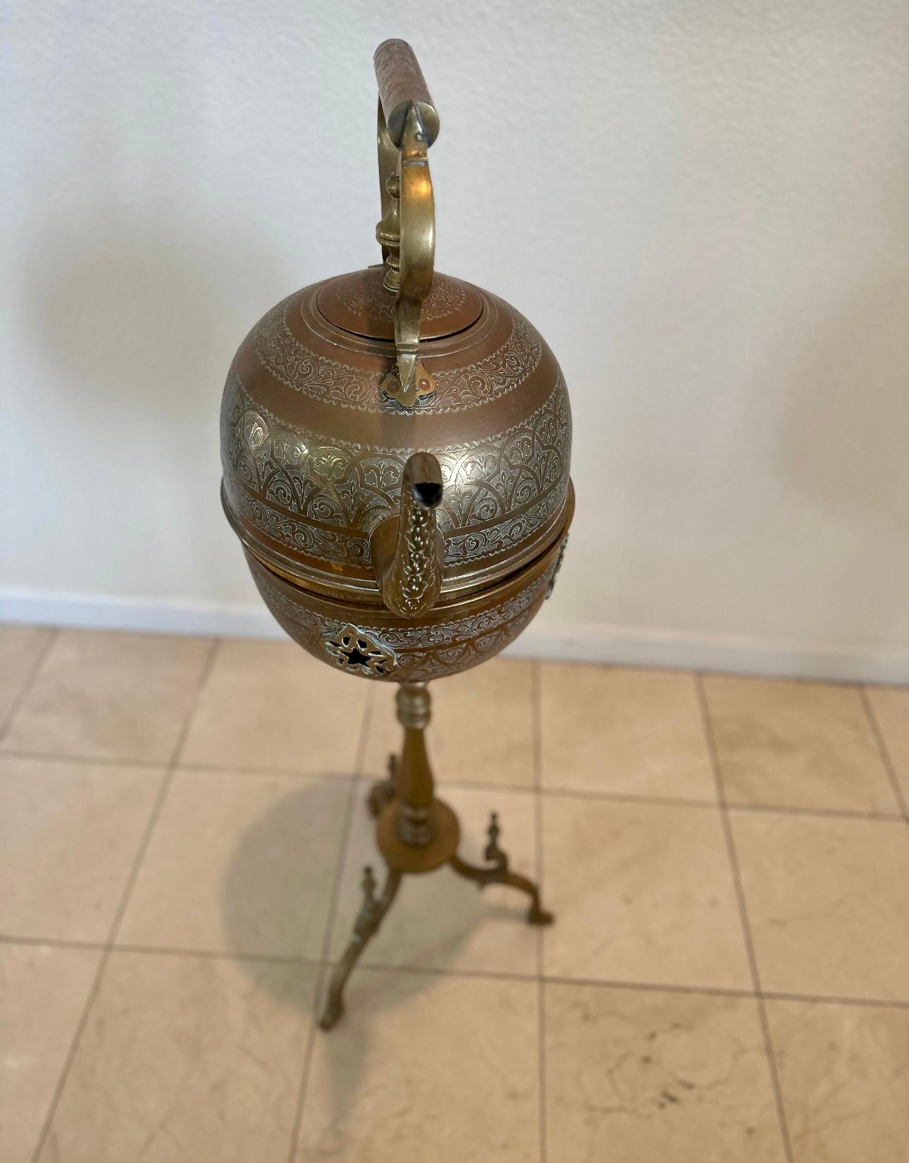 Mid-Century Modern Moroccan handmade antique brass tea kettle with warmer on stand. Museum quality  For Sale