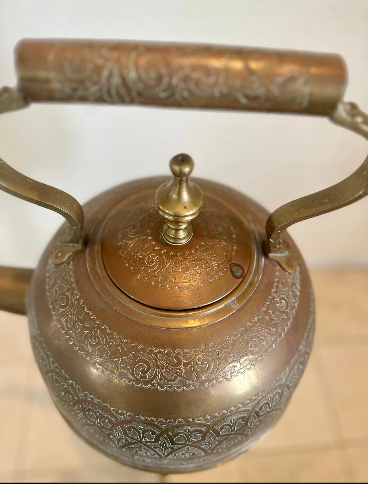 Mid-20th Century Moroccan handmade antique brass tea kettle with warmer on stand. Museum quality  For Sale
