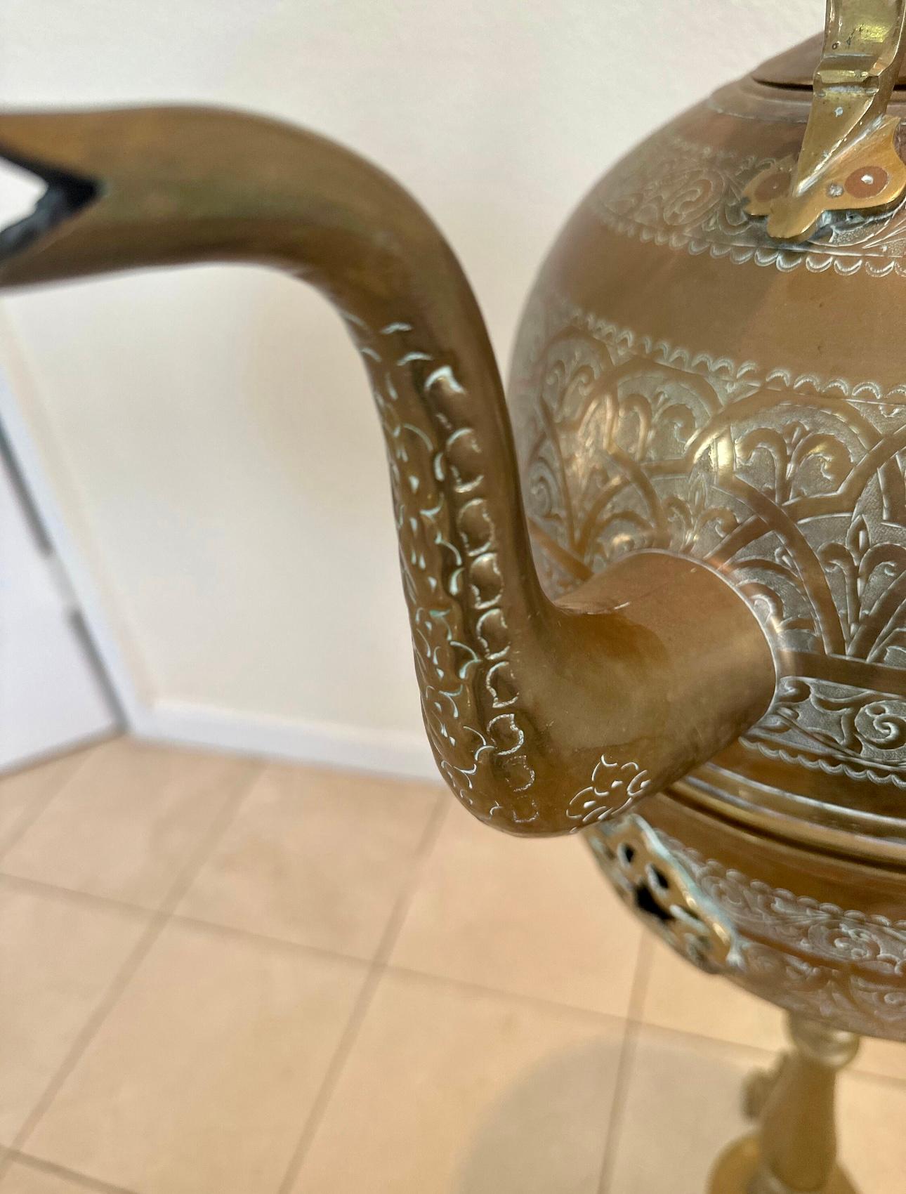 Brass Moroccan handmade antique brass tea kettle with warmer on stand. Museum quality  For Sale