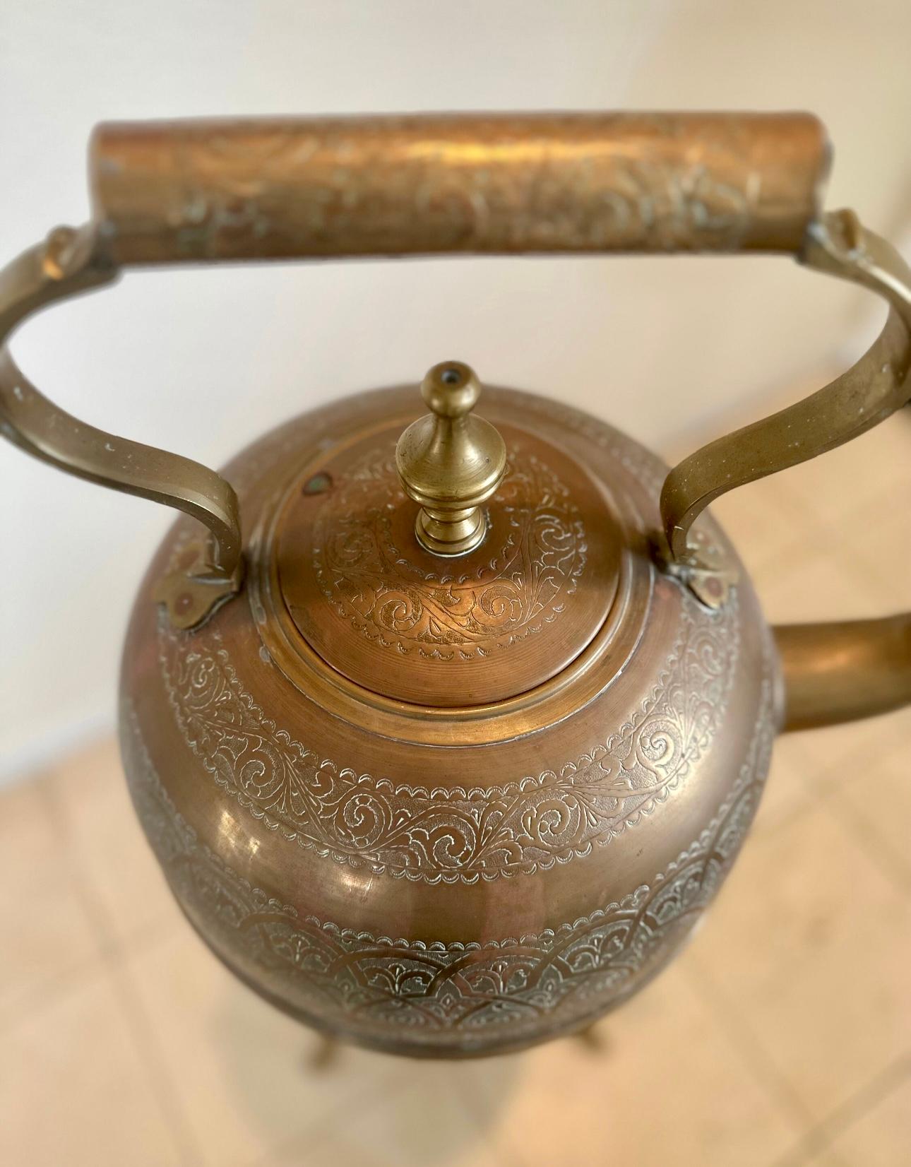 Moroccan handmade antique brass tea kettle with warmer on stand. Museum quality  For Sale 2
