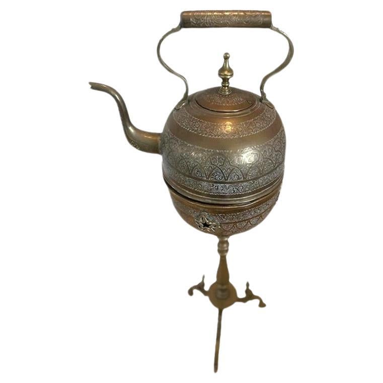 Moroccan handmade antique brass tea kettle with warmer on stand. Museum quality  For Sale