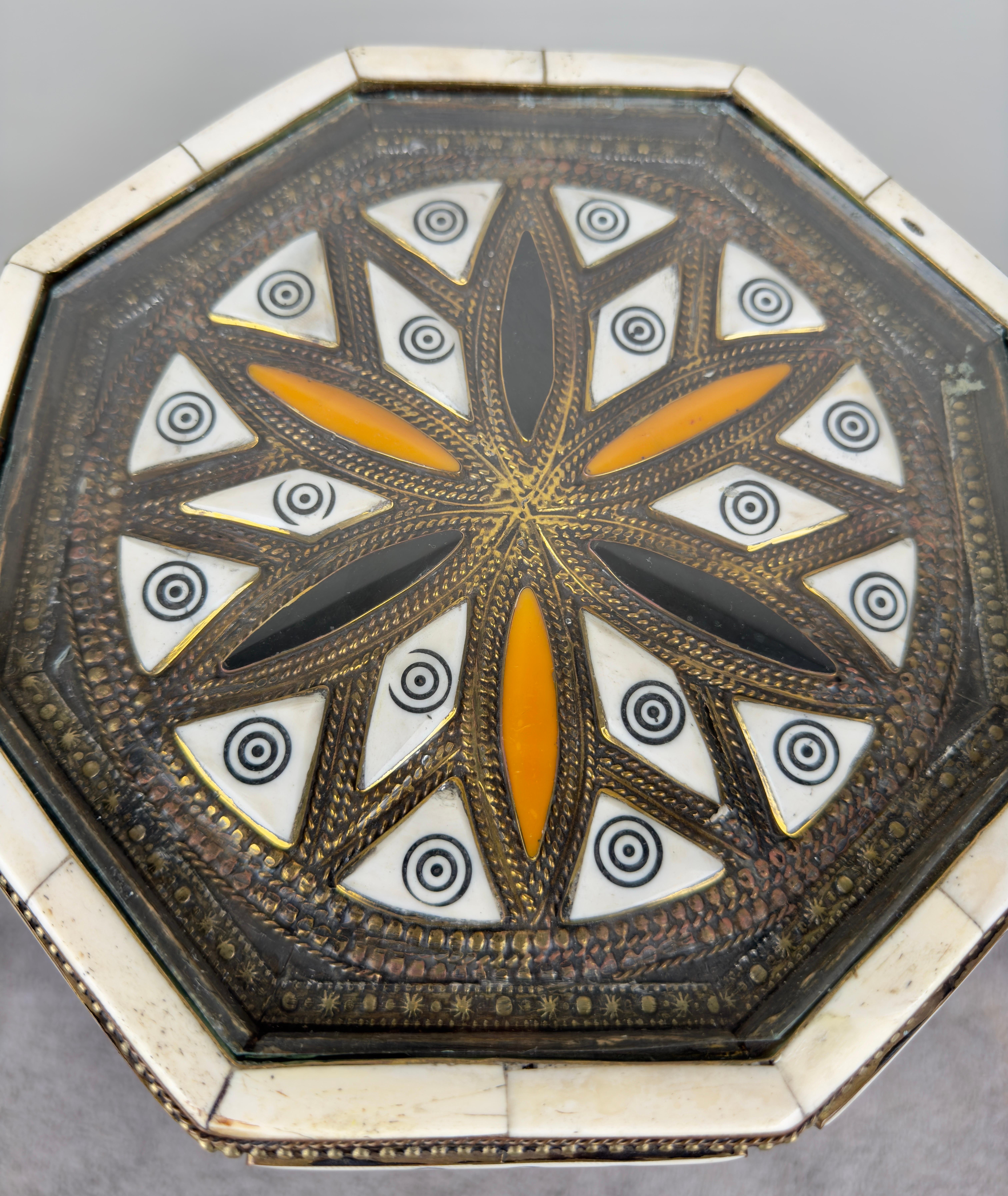 Moroccan Handmade Bone & Bronze Inlay Octagonal Side Table For Sale 7