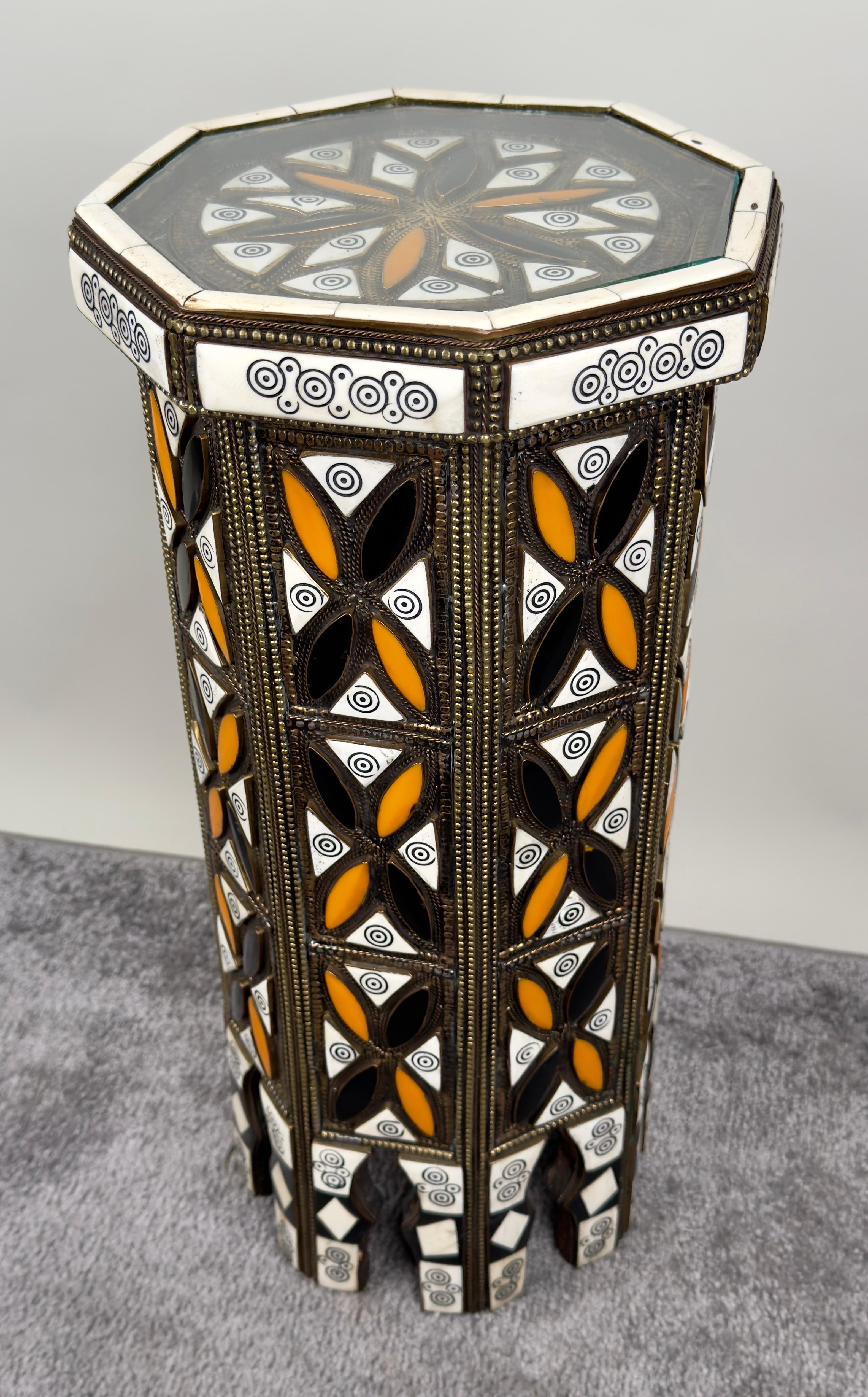 Moorish Moroccan Handmade Bone & Bronze Inlay Octagonal Side Table For Sale