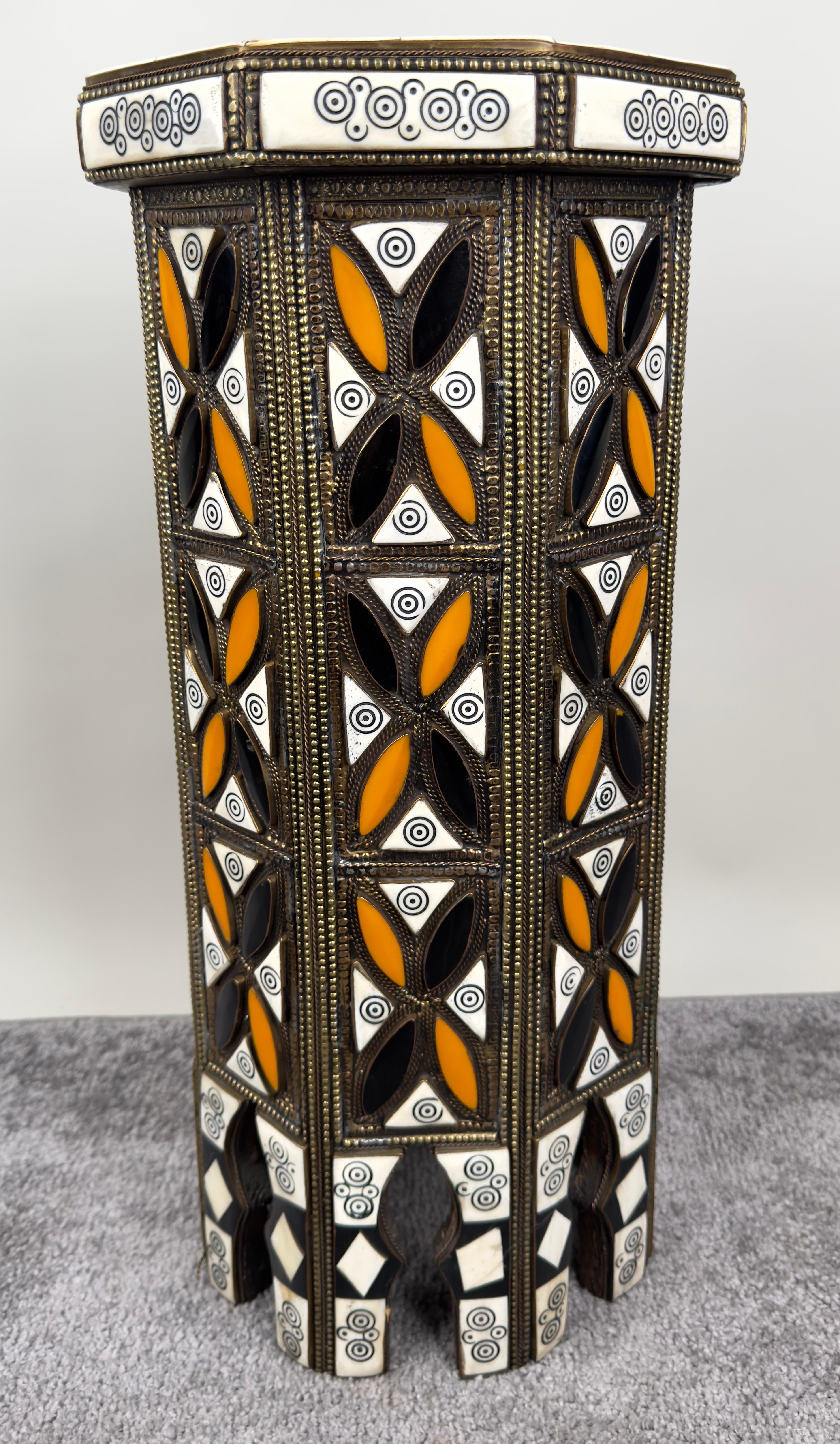 Hand-Carved Moroccan Handmade Bone & Bronze Inlay Octagonal Side Table For Sale