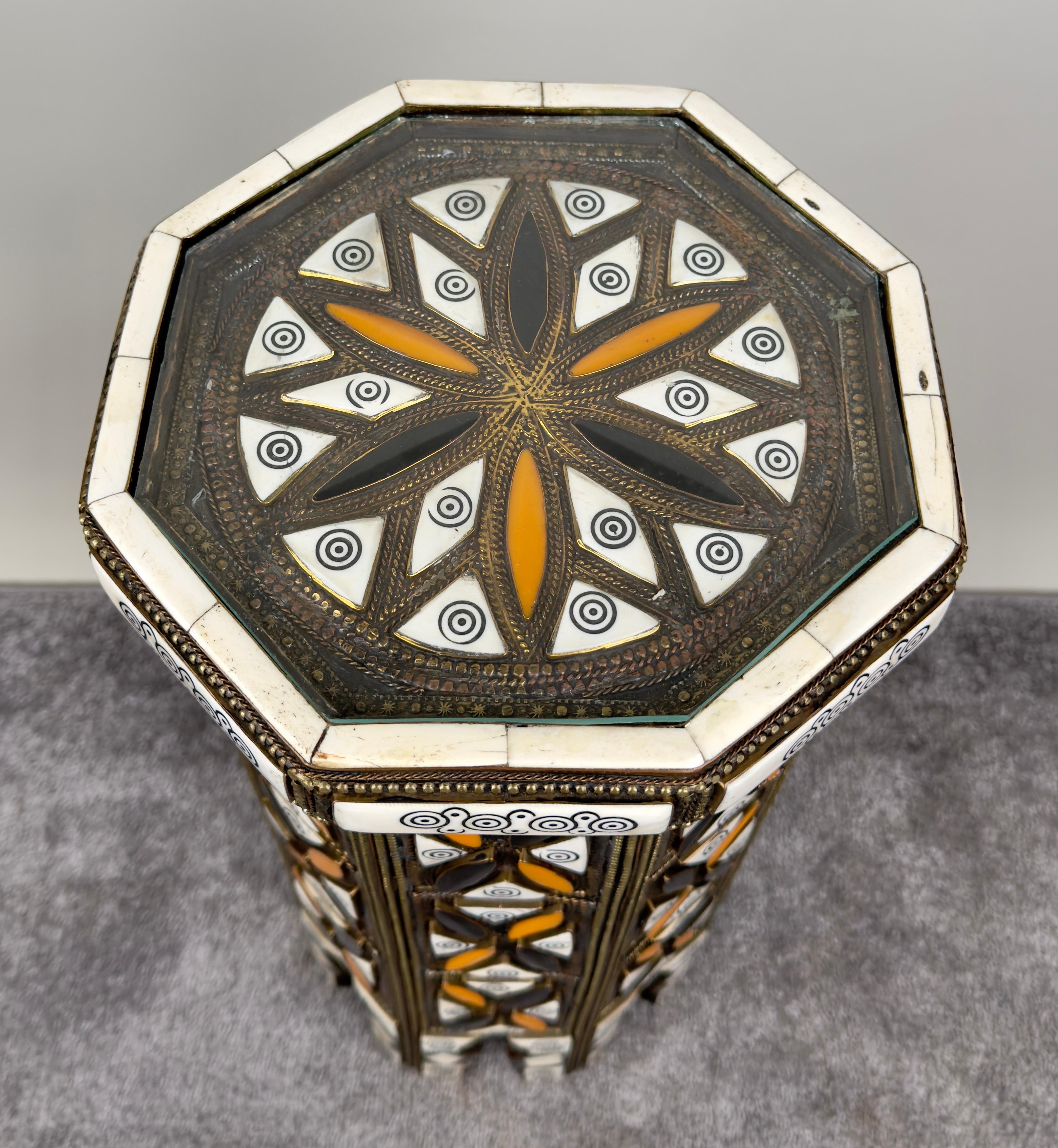 Moroccan Handmade Bone & Bronze Inlay Octagonal Side Table For Sale 1