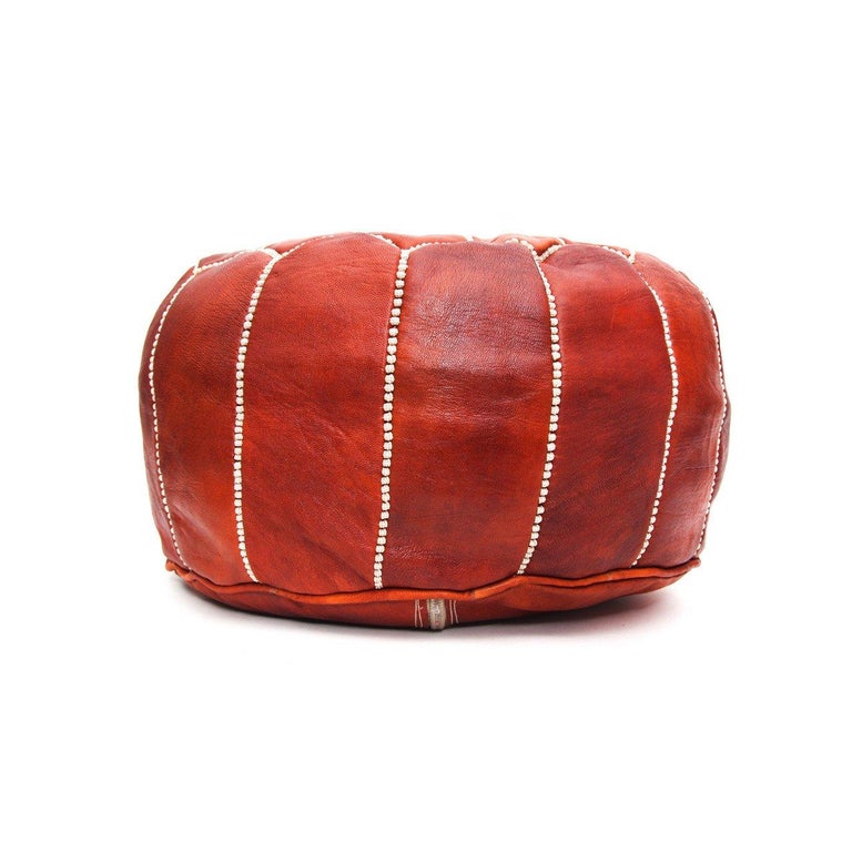 Pouf Marocain En Cuir Véritable – Bleu, Rond, Artisanat Du Maroc, Neuf