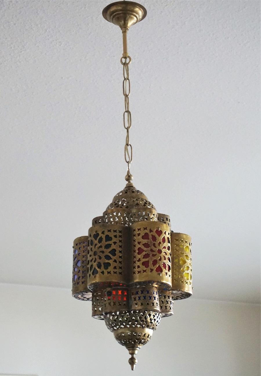 Moorish Moroccan Handmade Hexagonal Brass and Multi-Color Electrified Lantern