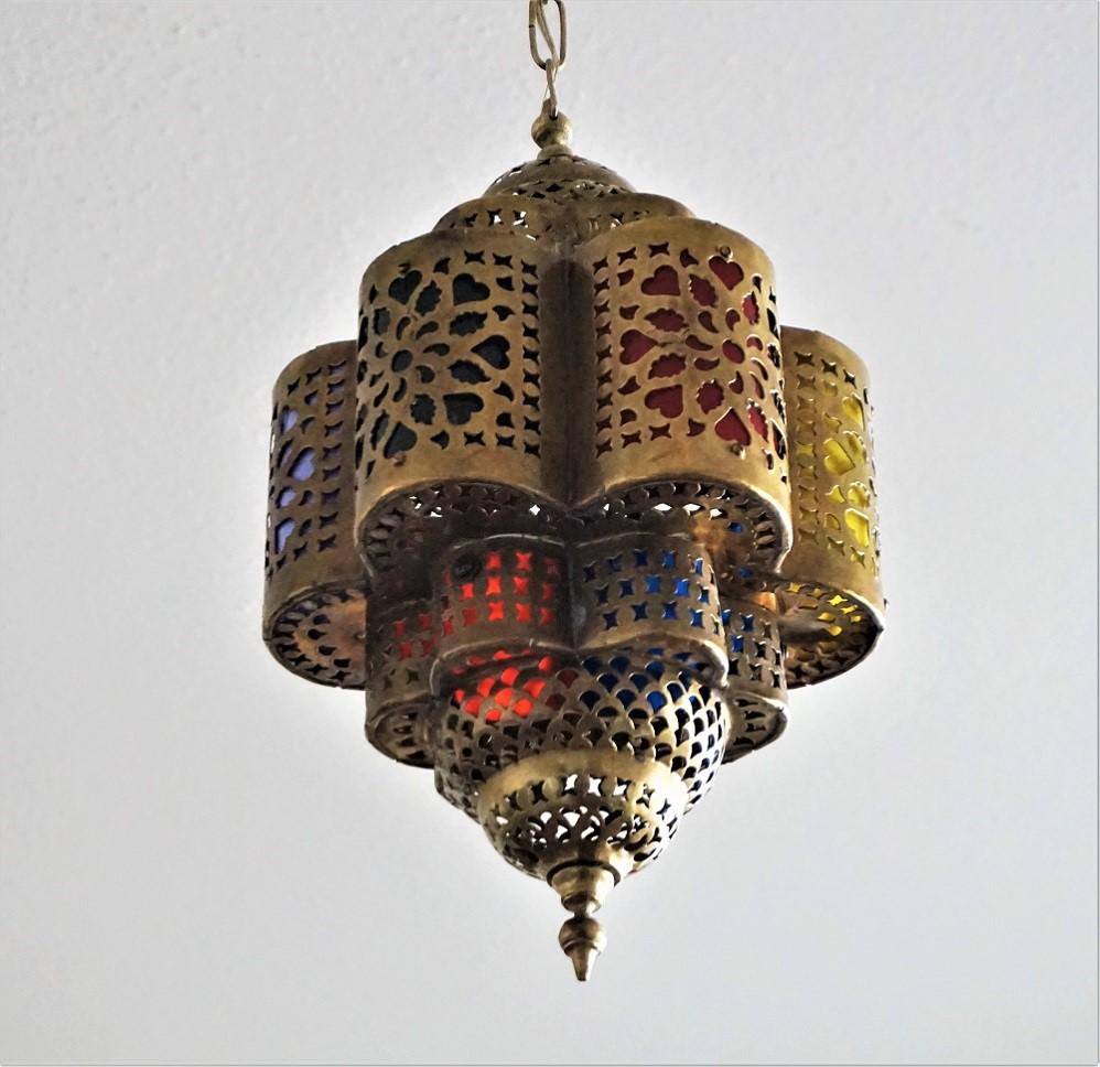 Hand-Crafted Moroccan Handmade Hexagonal Brass and Multi-Color Electrified Lantern