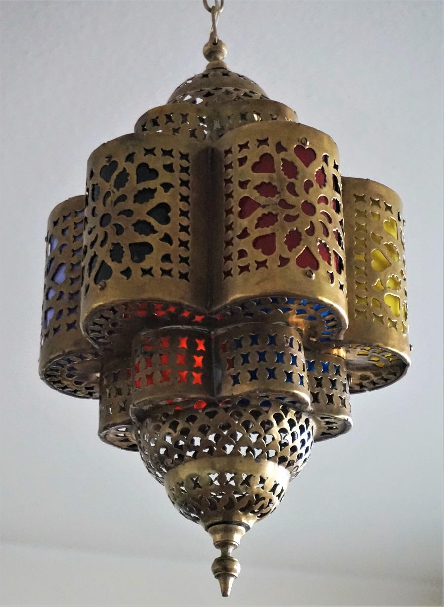 Moroccan Handmade Hexagonal Brass and Multi-Color Electrified Lantern In Good Condition In Frankfurt am Main, DE