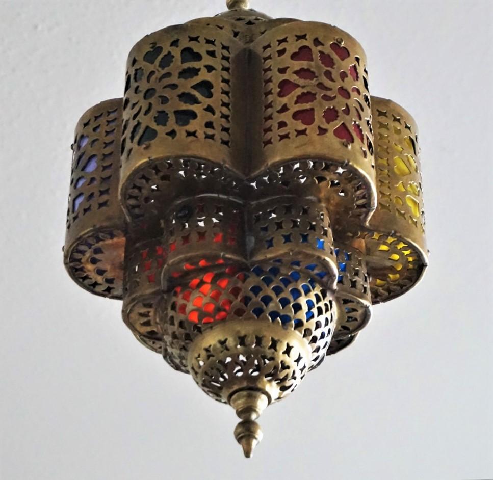 20th Century Moroccan Handmade Hexagonal Brass and Multi-Color Electrified Lantern