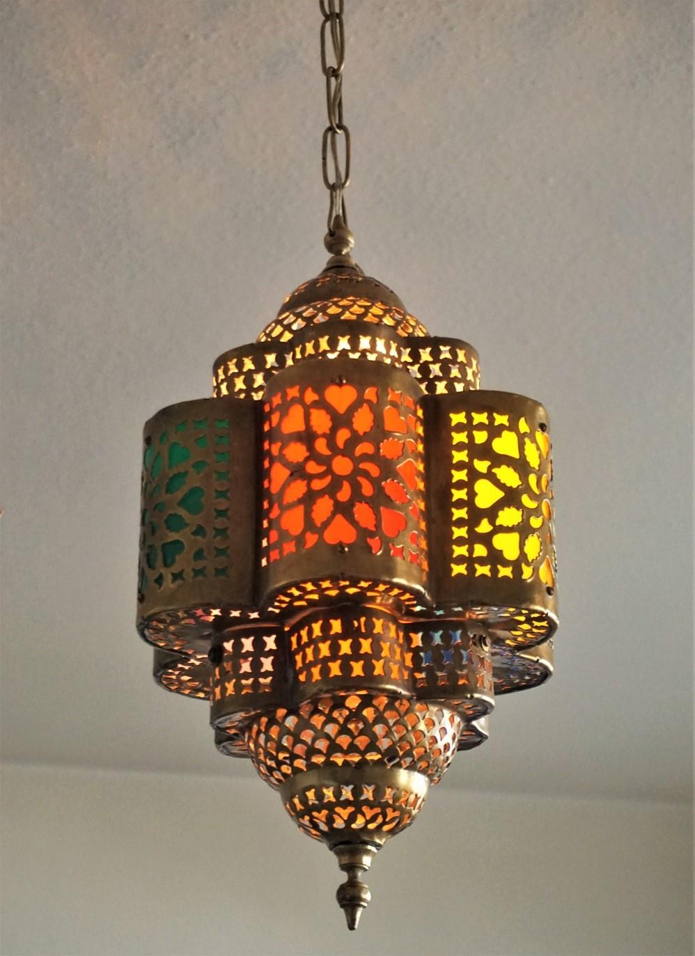 Moroccan Handmade Hexagonal Brass and Multi-Color Electrified Lantern 1