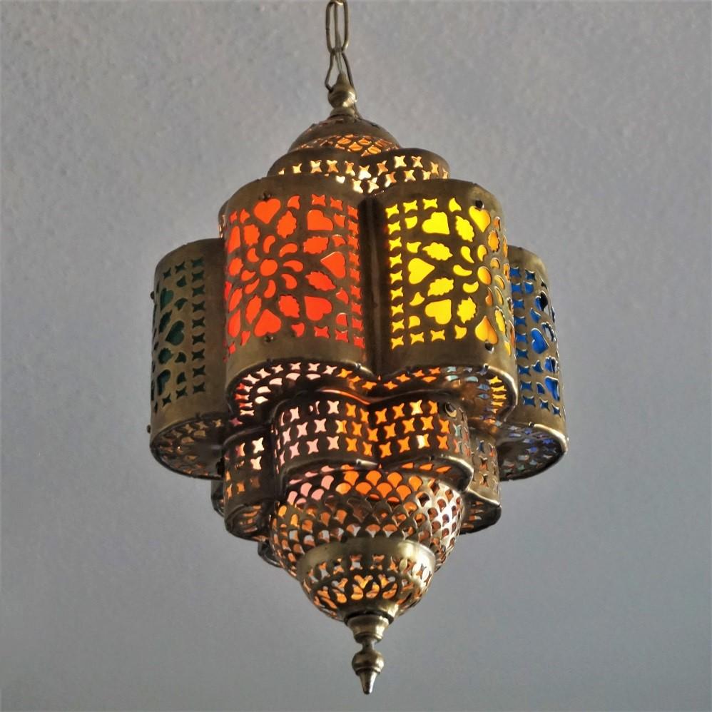 Moroccan Handmade Hexagonal Brass and Multi-Color Electrified Lantern 2