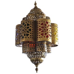 Moroccan Handmade Hexagonal Brass and Multi-Color Electrified Lantern