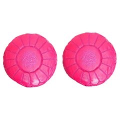 Moroccan Handmade Hot Pink Leather Pouf or Ottoman, a Pair